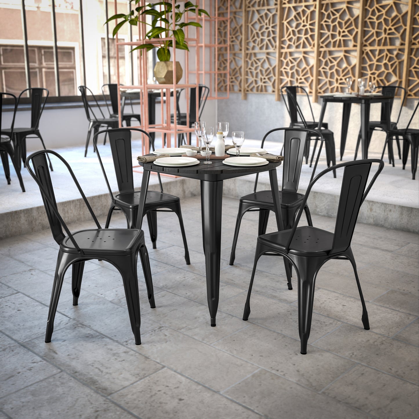 Declan Commercial Grade Indoor/Outdoor Dining Table, 30" Round All Weather Black Poly Resin Top with Black Steel Base Black Top/Black Frame