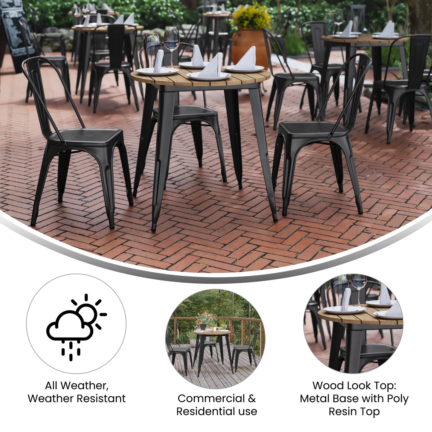 Declan Commercial Grade Indoor/Outdoor Dining Table, 30" Round All Weather Brown Poly Resin Top with Black Steel Base Brown Top/Black Frame