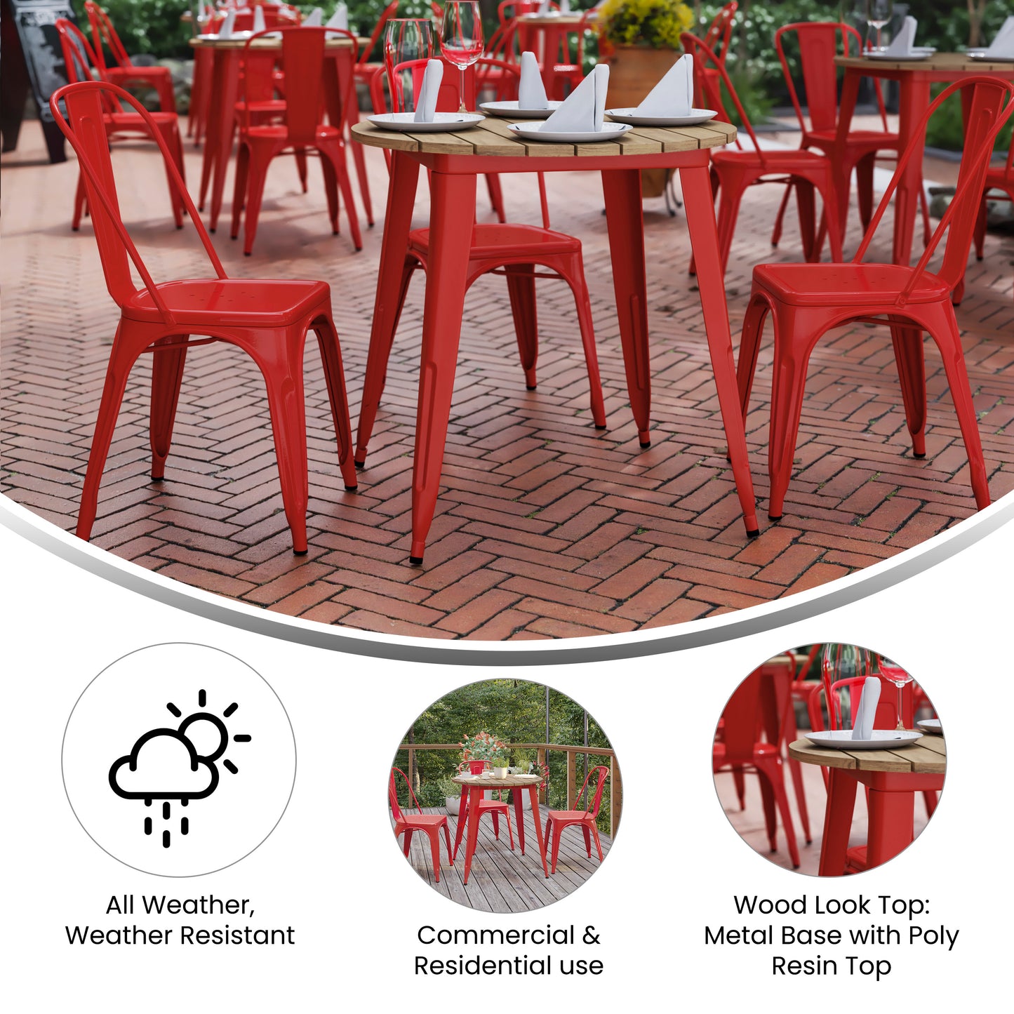 Declan Commercial Grade Indoor/Outdoor Dining Table, 30" Round All Weather Brown Poly Resin Top with Red Steel Base Brown Top/Red Frame
