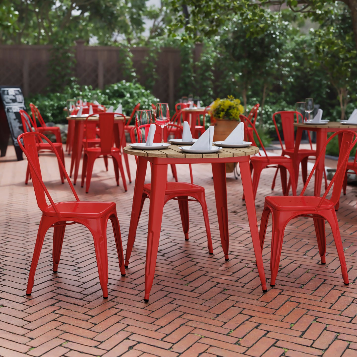 Declan Commercial Grade Indoor/Outdoor Dining Table, 30" Round All Weather Brown Poly Resin Top with Red Steel Base Brown Top/Red Frame