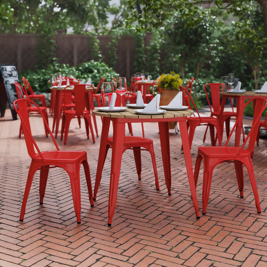 Declan Commercial Grade Indoor/Outdoor Dining Table, 30" Round All Weather Brown Poly Resin Top with Red Steel Base Brown Top/Red Frame JJ-T14623-80-BRRD-GG