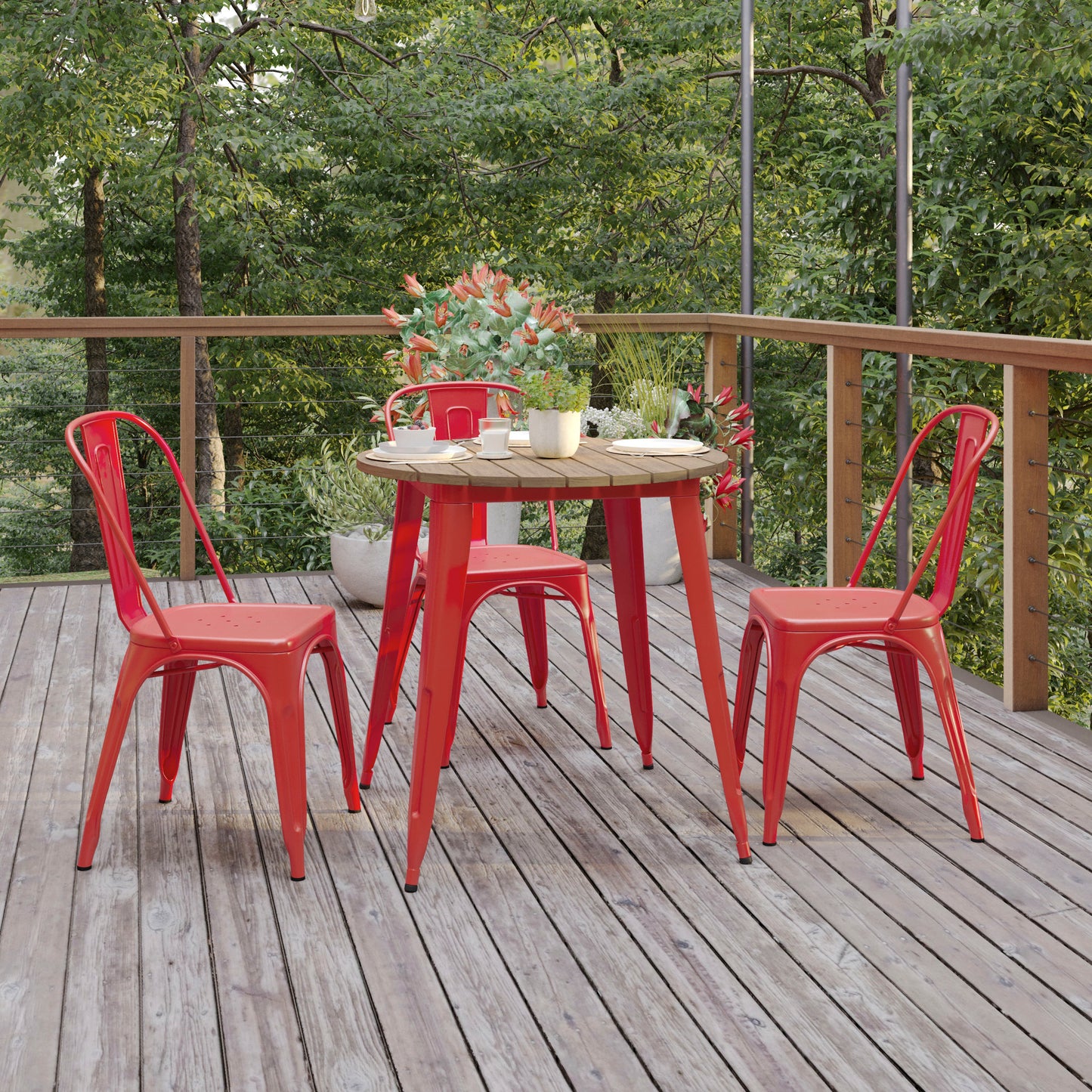 Declan Commercial Grade Indoor/Outdoor Dining Table, 30" Round All Weather Brown Poly Resin Top with Red Steel Base Brown Top/Red Frame