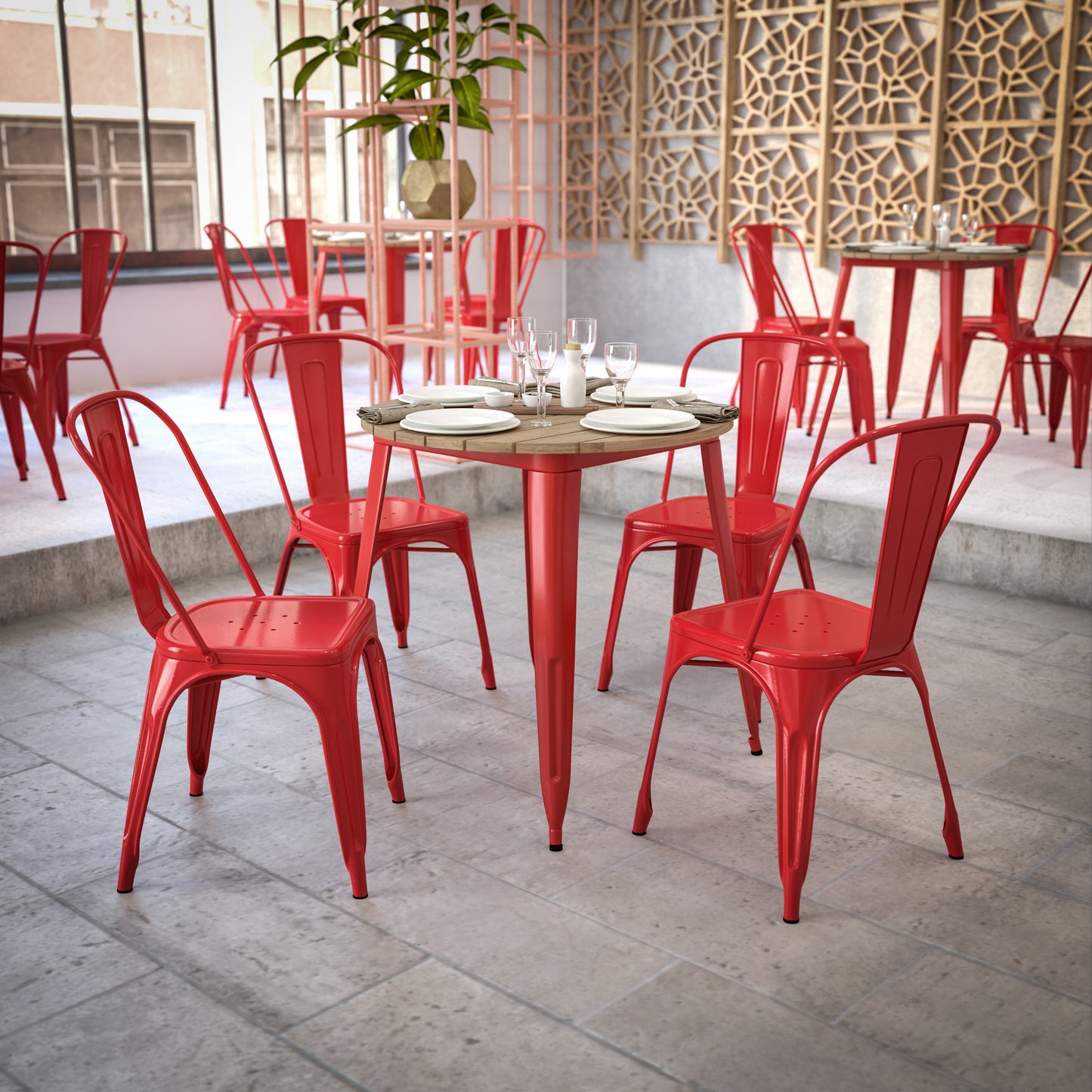 Declan Commercial Grade Indoor/Outdoor Dining Table, 30" Round All Weather Brown Poly Resin Top with Red Steel Base Brown Top/Red Frame