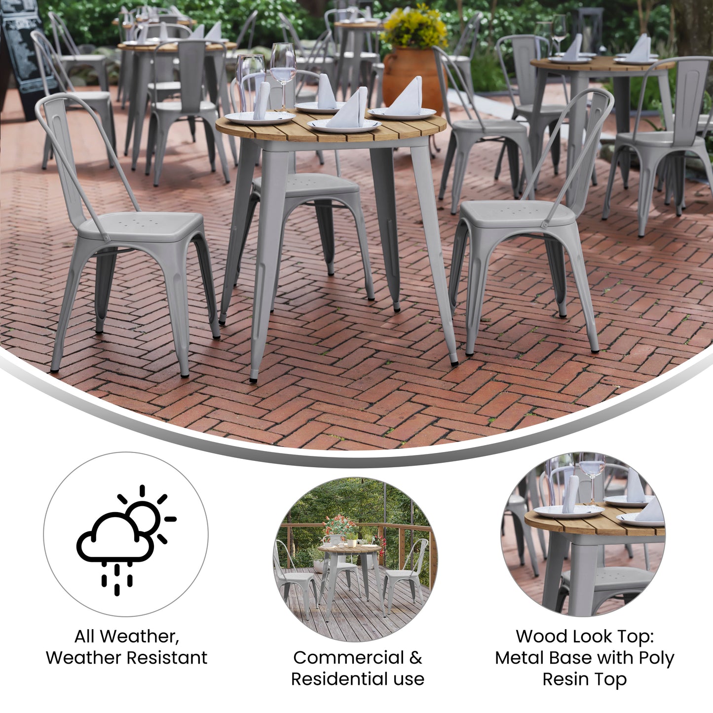 Declan Commercial Grade Indoor/Outdoor Dining Table, 30" Round All Weather Brown Poly Resin Top with Silver Steel Base Brown Top/Silver Frame