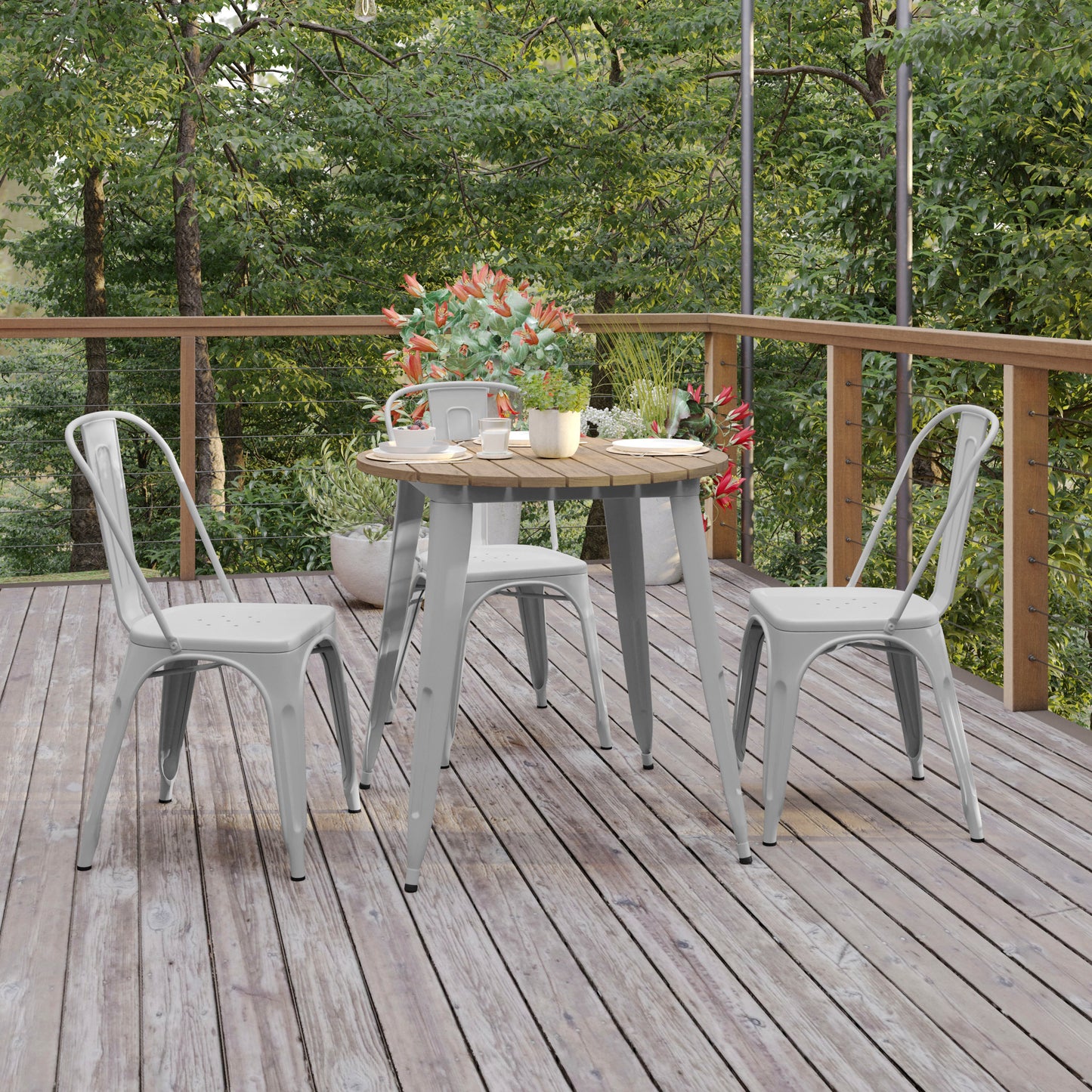 Declan Commercial Grade Indoor/Outdoor Dining Table, 30" Round All Weather Brown Poly Resin Top with Silver Steel Base Brown Top/Silver Frame