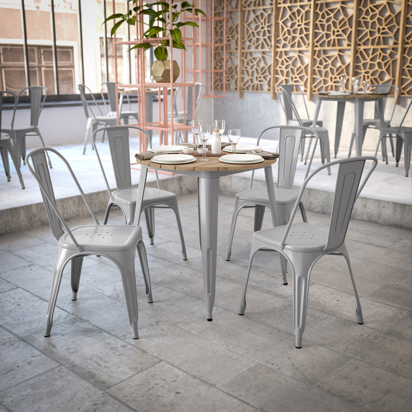 Declan Commercial Grade Indoor/Outdoor Dining Table, 30" Round All Weather Brown Poly Resin Top with Silver Steel Base Brown Top/Silver Frame