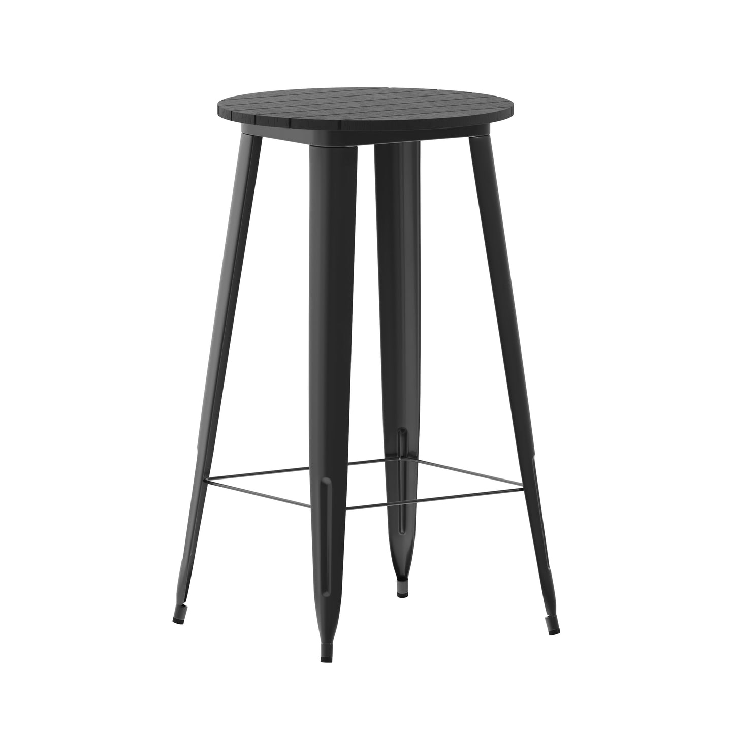 Declan Commercial Indoor/Outdoor Bar Top Table, 23.75" Round All Weather Black Poly Resin Top with Black Steel base Black Top/Black Frame