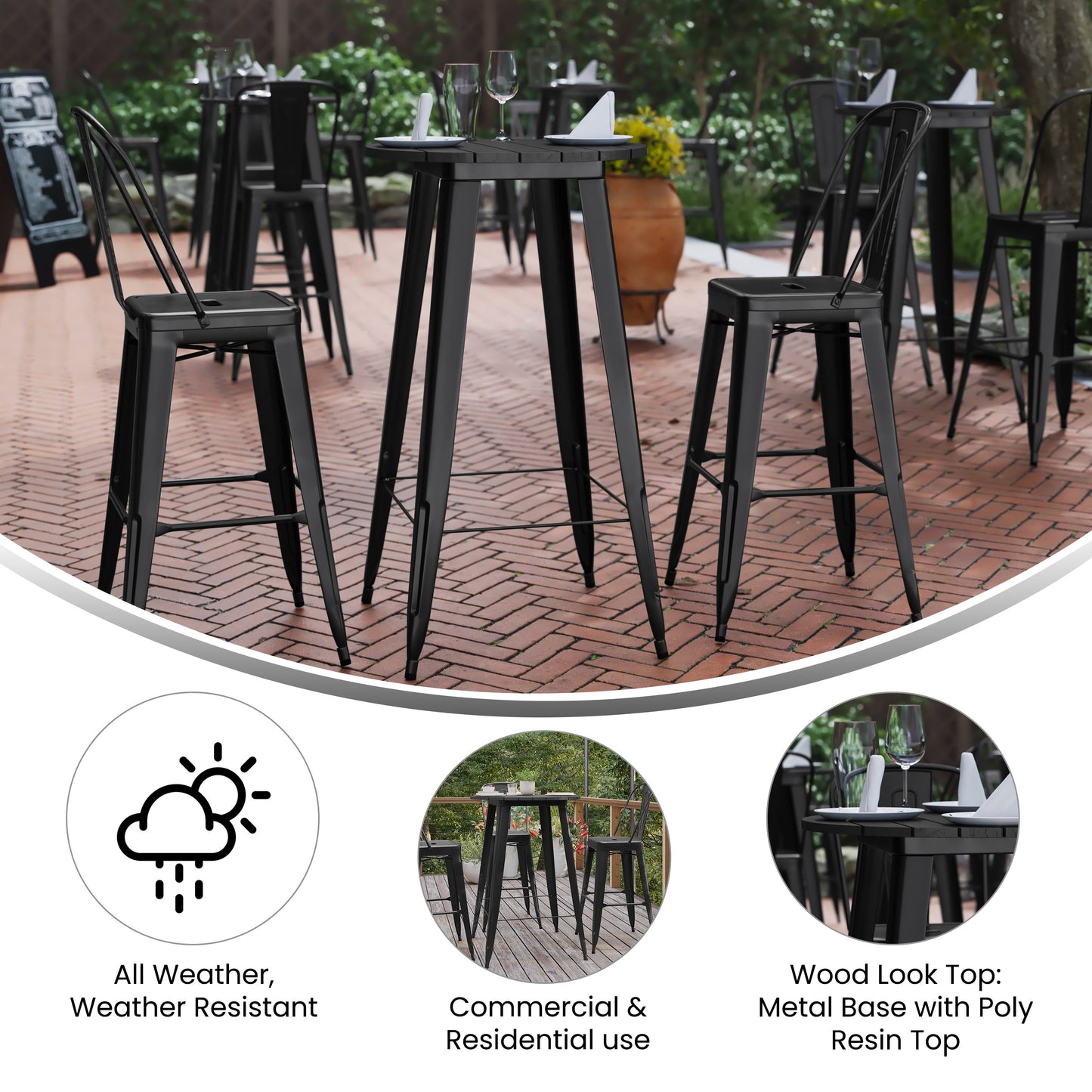 Declan Commercial Indoor/Outdoor Bar Top Table, 23.75" Round All Weather Black Poly Resin Top with Black Steel base Black Top/Black Frame