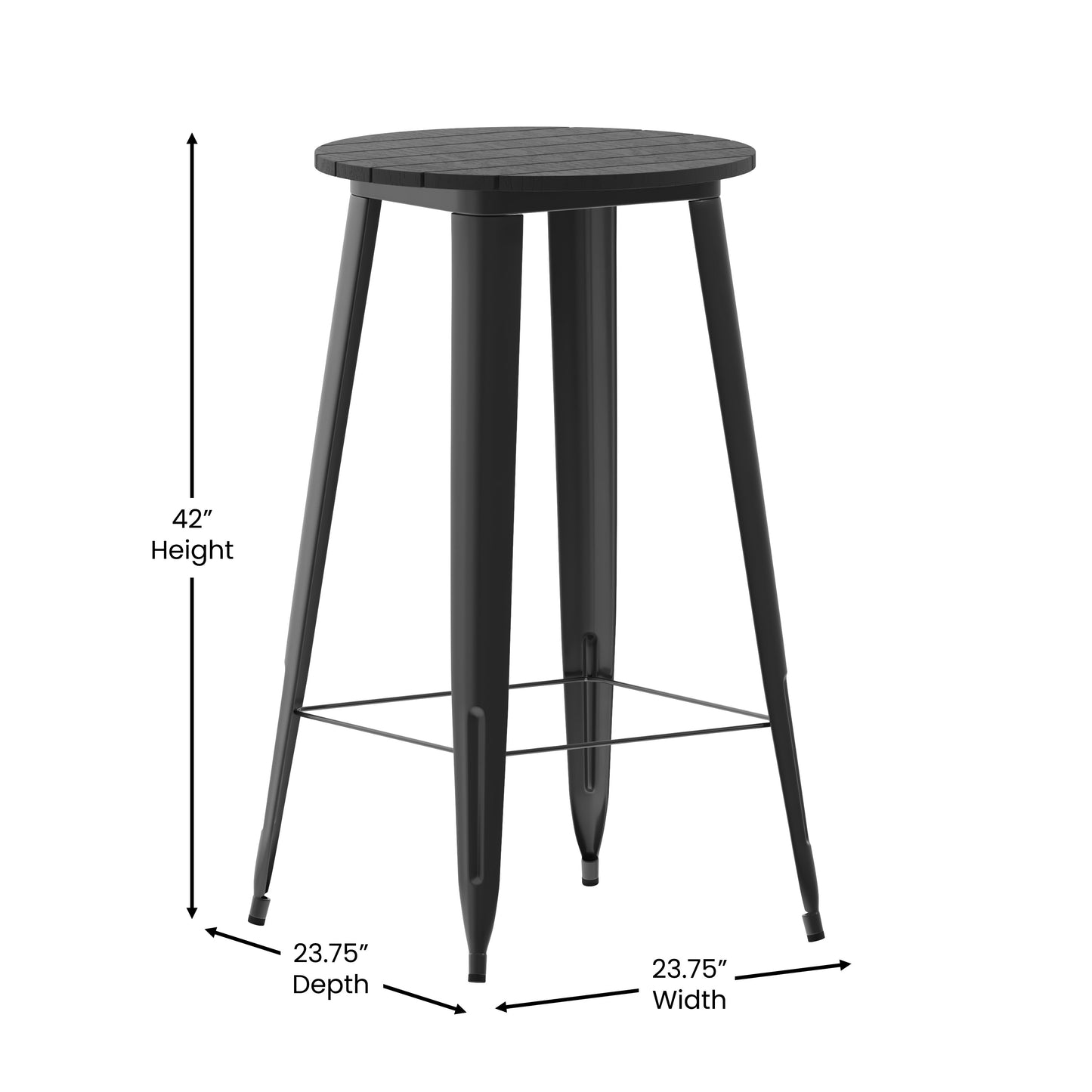 Declan Commercial Indoor/Outdoor Bar Top Table, 23.75" Round All Weather Black Poly Resin Top with Black Steel base Black Top/Black Frame
