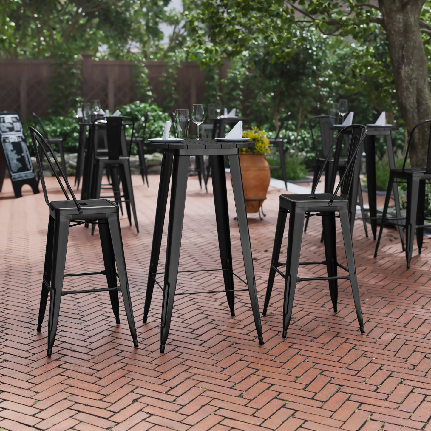 Declan Commercial Indoor/Outdoor Bar Top Table, 23.75" Round All Weather Black Poly Resin Top with Black Steel base Black Top/Black Frame