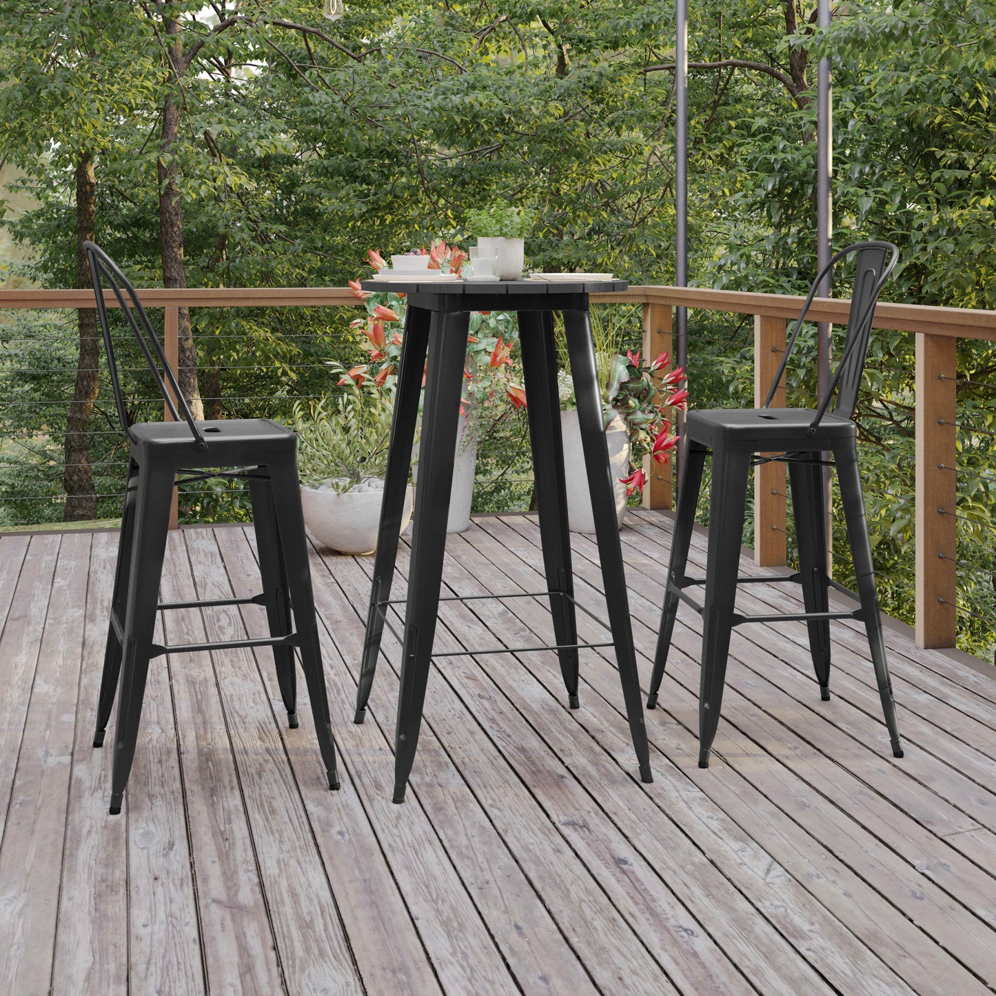 Declan Commercial Indoor/Outdoor Bar Top Table, 23.75" Round All Weather Black Poly Resin Top with Black Steel base Black Top/Black Frame