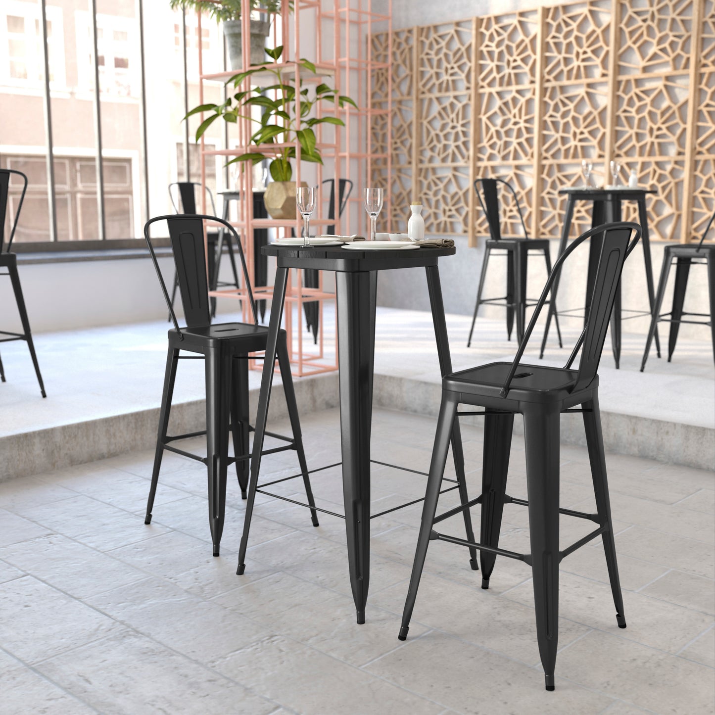 Declan Commercial Indoor/Outdoor Bar Top Table, 23.75" Round All Weather Black Poly Resin Top with Black Steel base Black Top/Black Frame