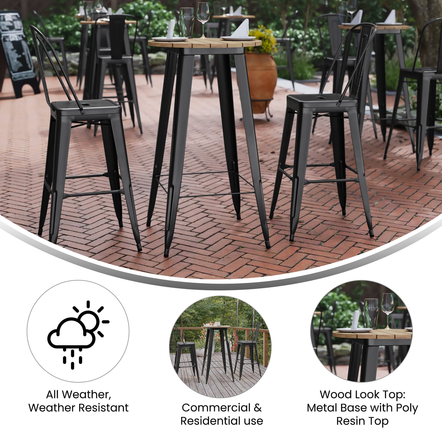 Declan Commercial Indoor/Outdoor Bar Top Table, 23.75" Round All Weather Brown Poly Resin Top with Black Steel base Brown Top/Black Frame