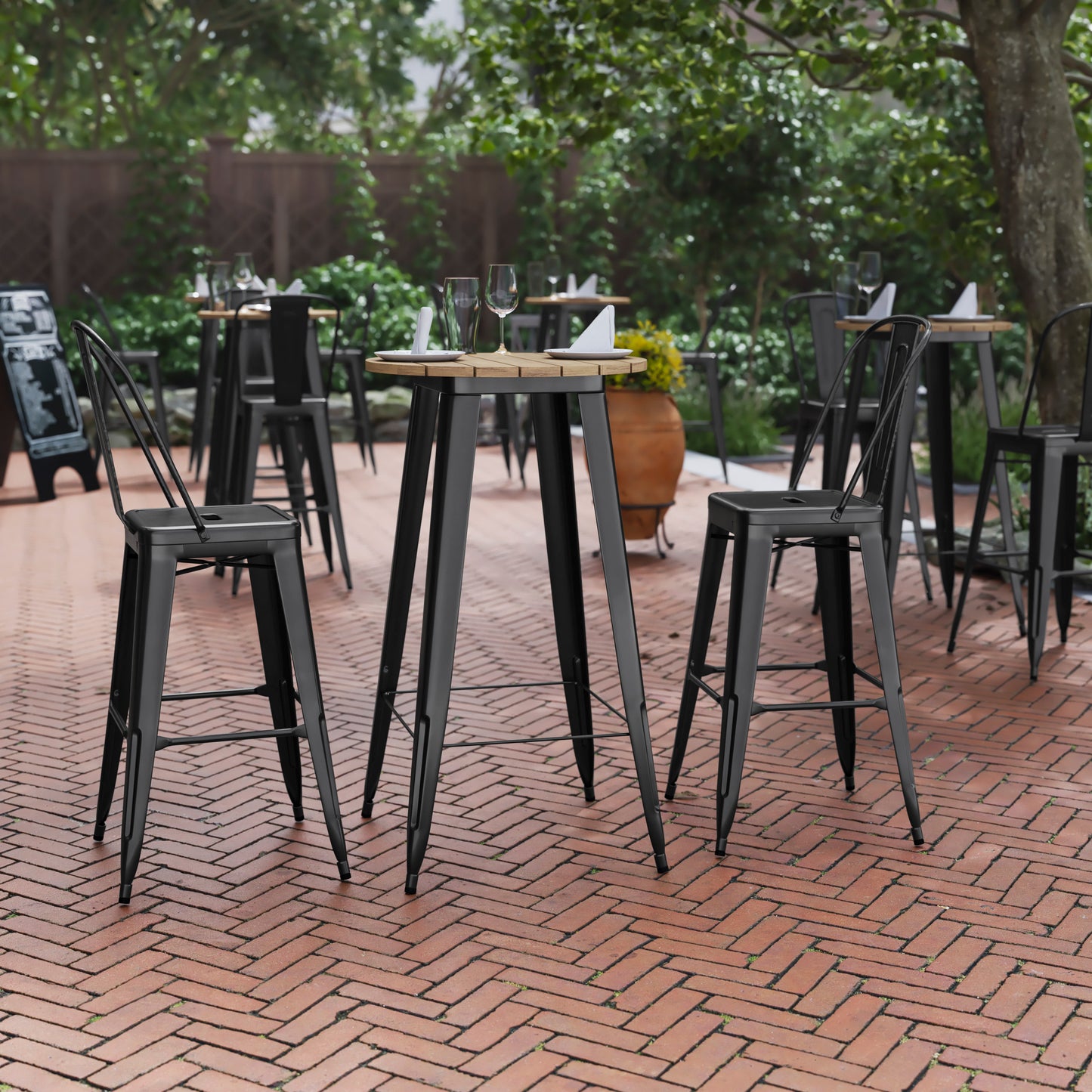 Declan Commercial Indoor/Outdoor Bar Top Table, 23.75" Round All Weather Brown Poly Resin Top with Black Steel base Brown Top/Black Frame