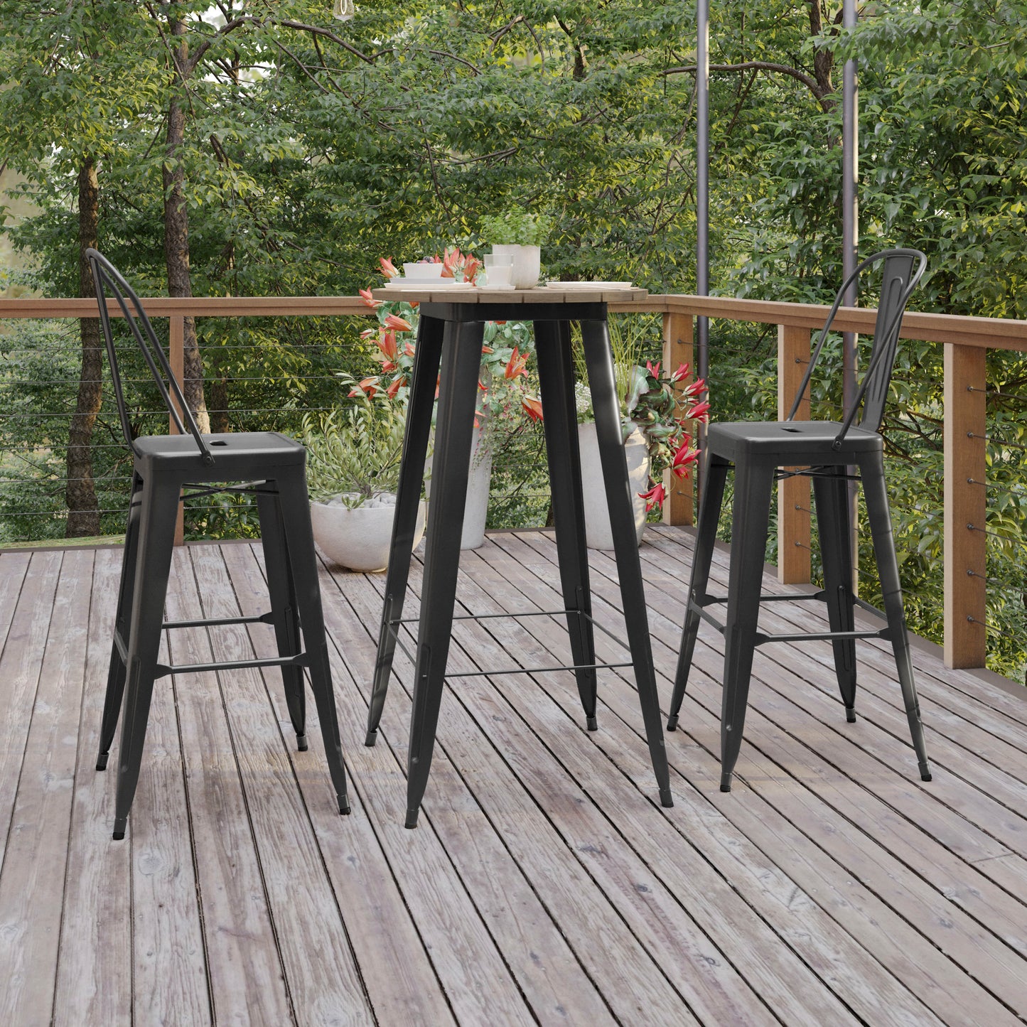 Declan Commercial Indoor/Outdoor Bar Top Table, 23.75" Round All Weather Brown Poly Resin Top with Black Steel base Brown Top/Black Frame