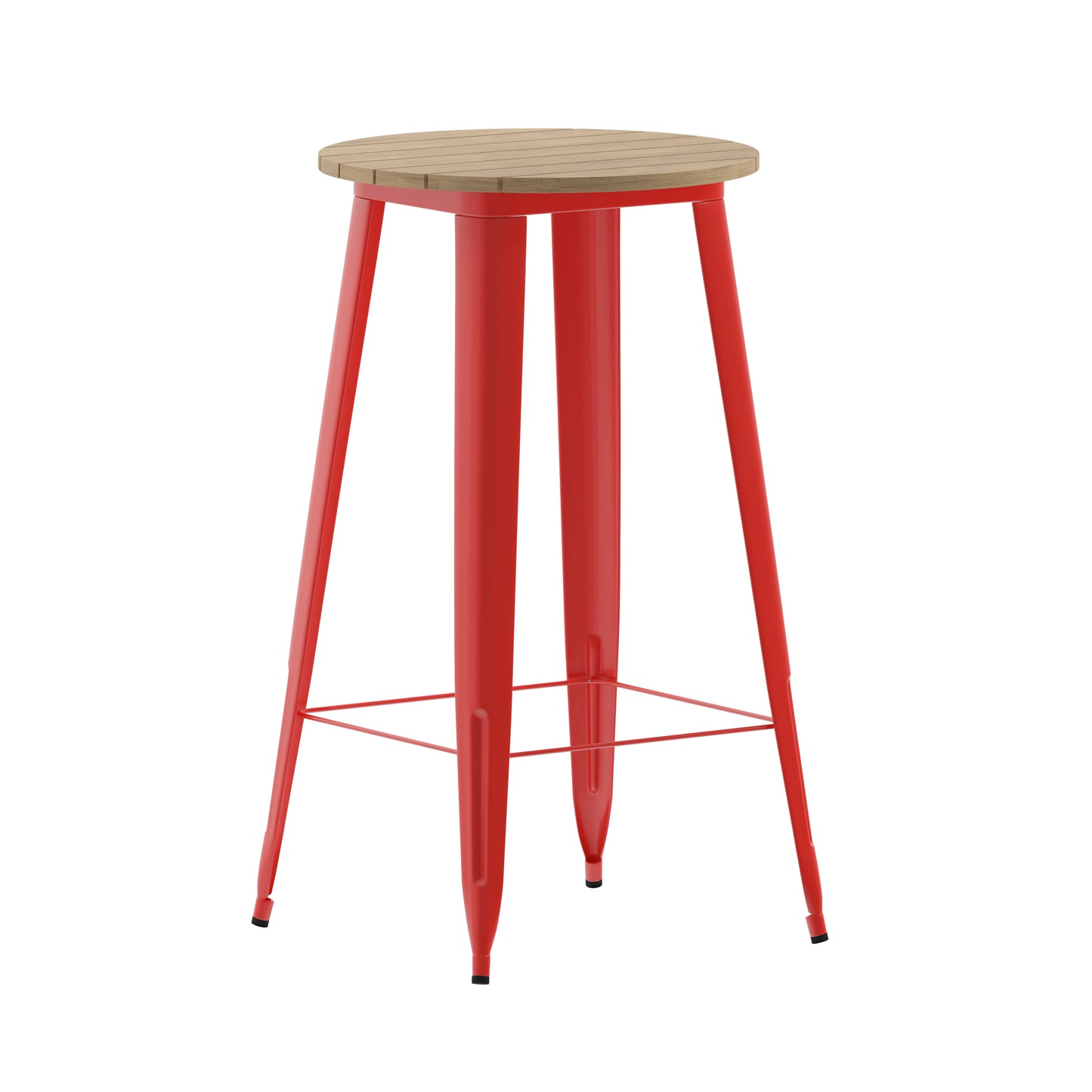 Declan Commercial Indoor/Outdoor Bar Top Table, 23.75" Round All Weather Brown Poly Resin Top with Red Steel base Brown Top/Red Frame