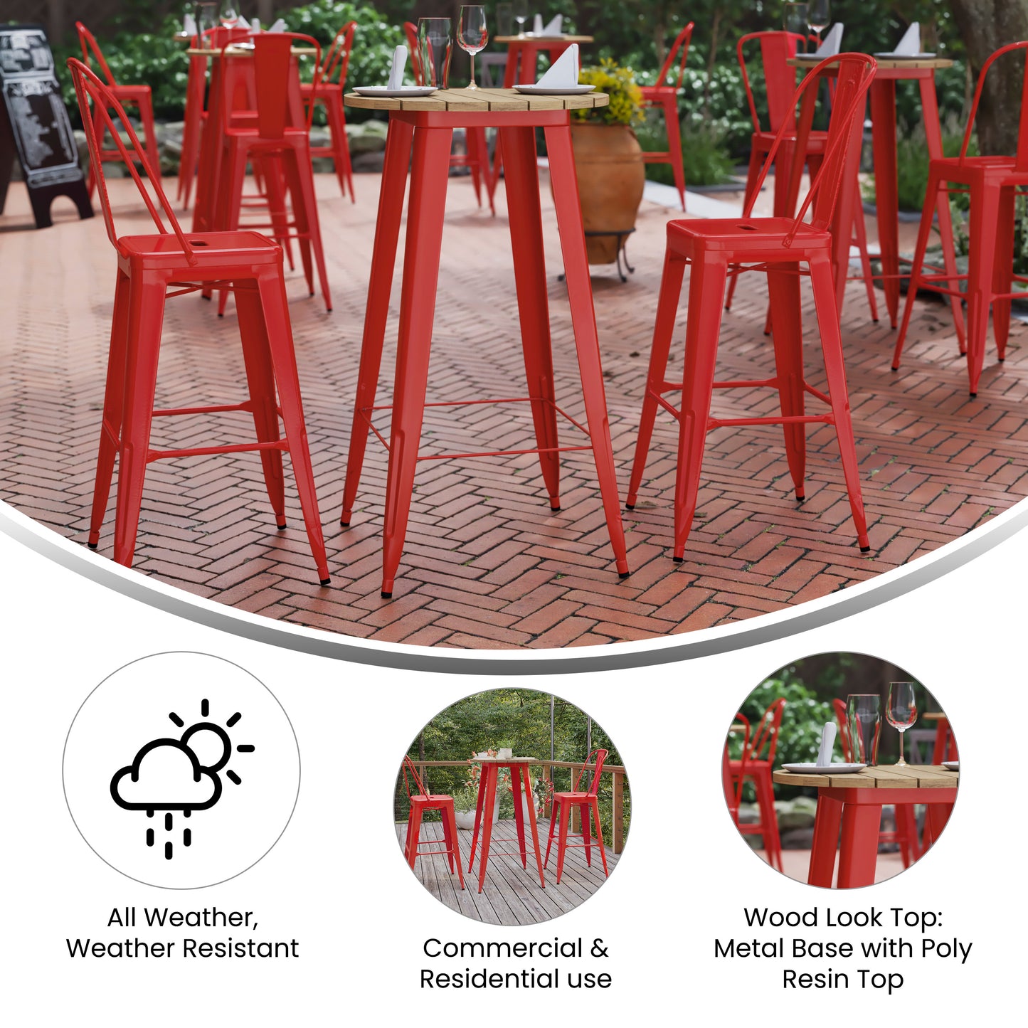 Declan Commercial Indoor/Outdoor Bar Top Table, 23.75" Round All Weather Brown Poly Resin Top with Red Steel base Brown Top/Red Frame