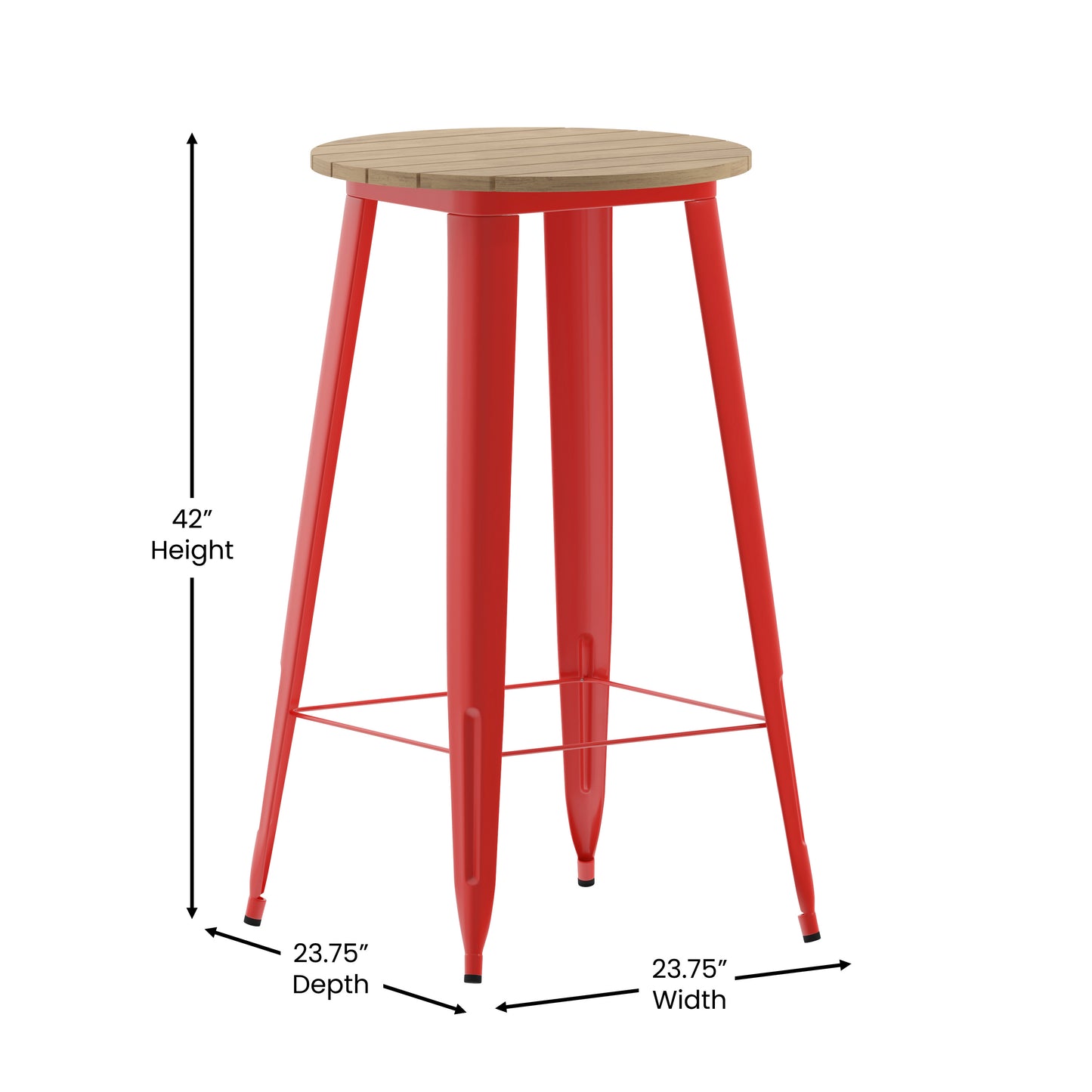 Declan Commercial Indoor/Outdoor Bar Top Table, 23.75" Round All Weather Brown Poly Resin Top with Red Steel base Brown Top/Red Frame