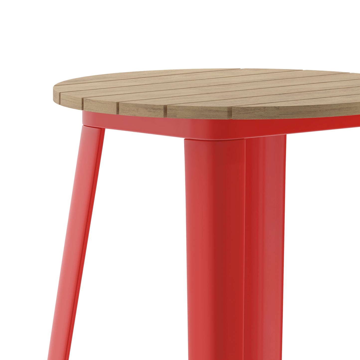 Declan Commercial Indoor/Outdoor Bar Top Table, 23.75" Round All Weather Brown Poly Resin Top with Red Steel base Brown Top/Red Frame