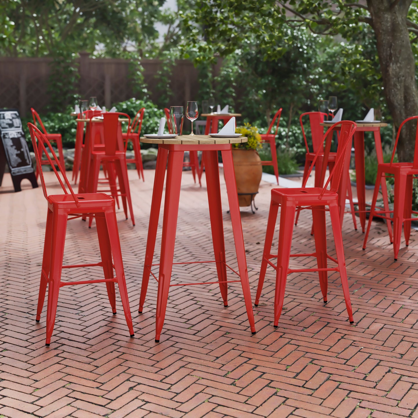 Declan Commercial Indoor/Outdoor Bar Top Table, 23.75" Round All Weather Brown Poly Resin Top with Red Steel base Brown Top/Red Frame