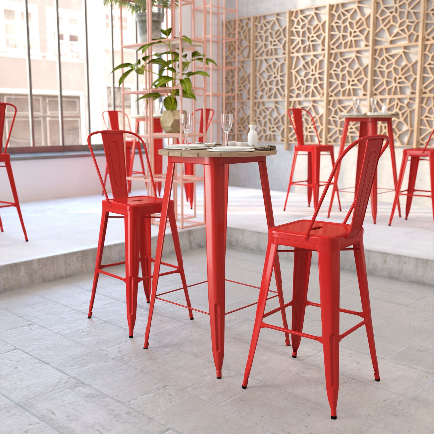 Declan Commercial Indoor/Outdoor Bar Top Table, 23.75" Round All Weather Brown Poly Resin Top with Red Steel base Brown Top/Red Frame