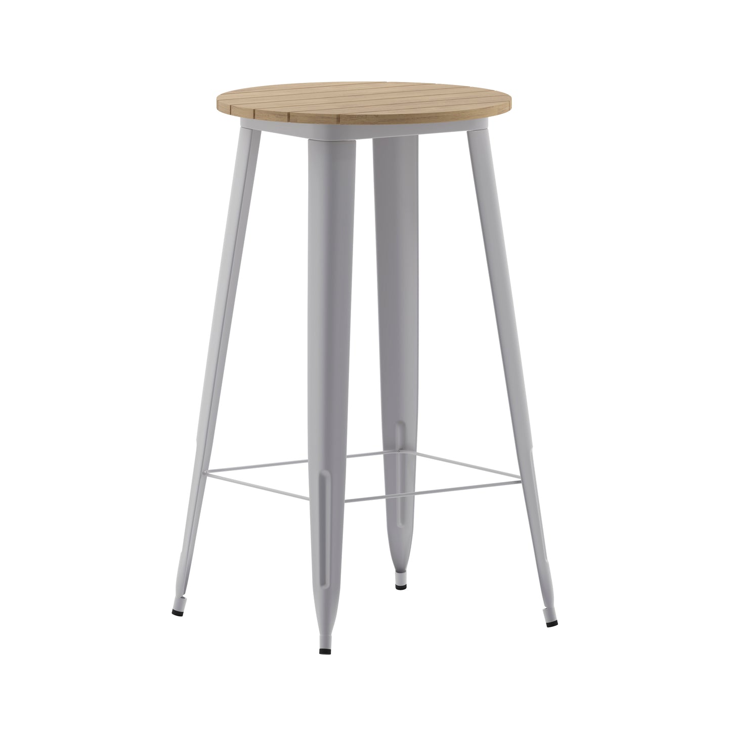 Declan Commercial Indoor/Outdoor Bar Top Table, 23.75" Round All Weather Brown Poly Resin Top with Silver Steel base Brown Top/Silver Frame