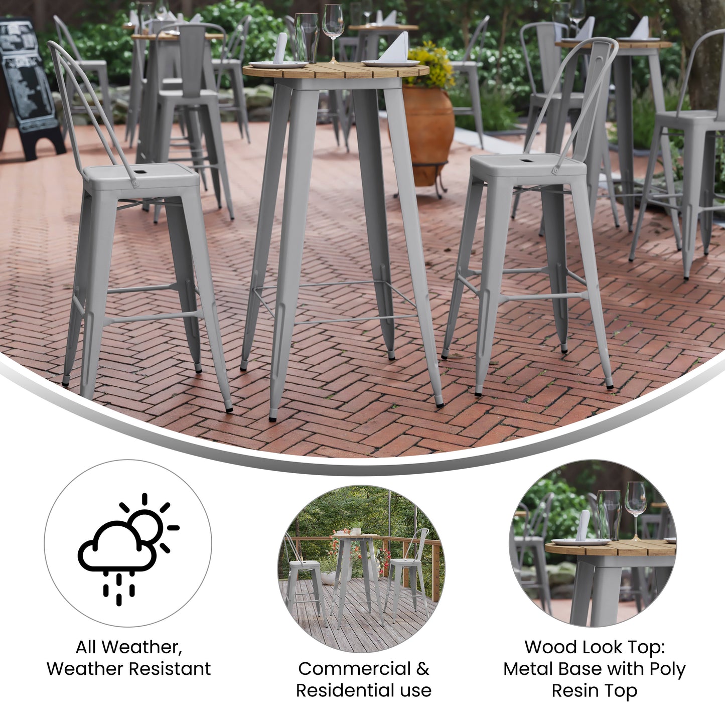 Declan Commercial Indoor/Outdoor Bar Top Table, 23.75" Round All Weather Brown Poly Resin Top with Silver Steel base Brown Top/Silver Frame
