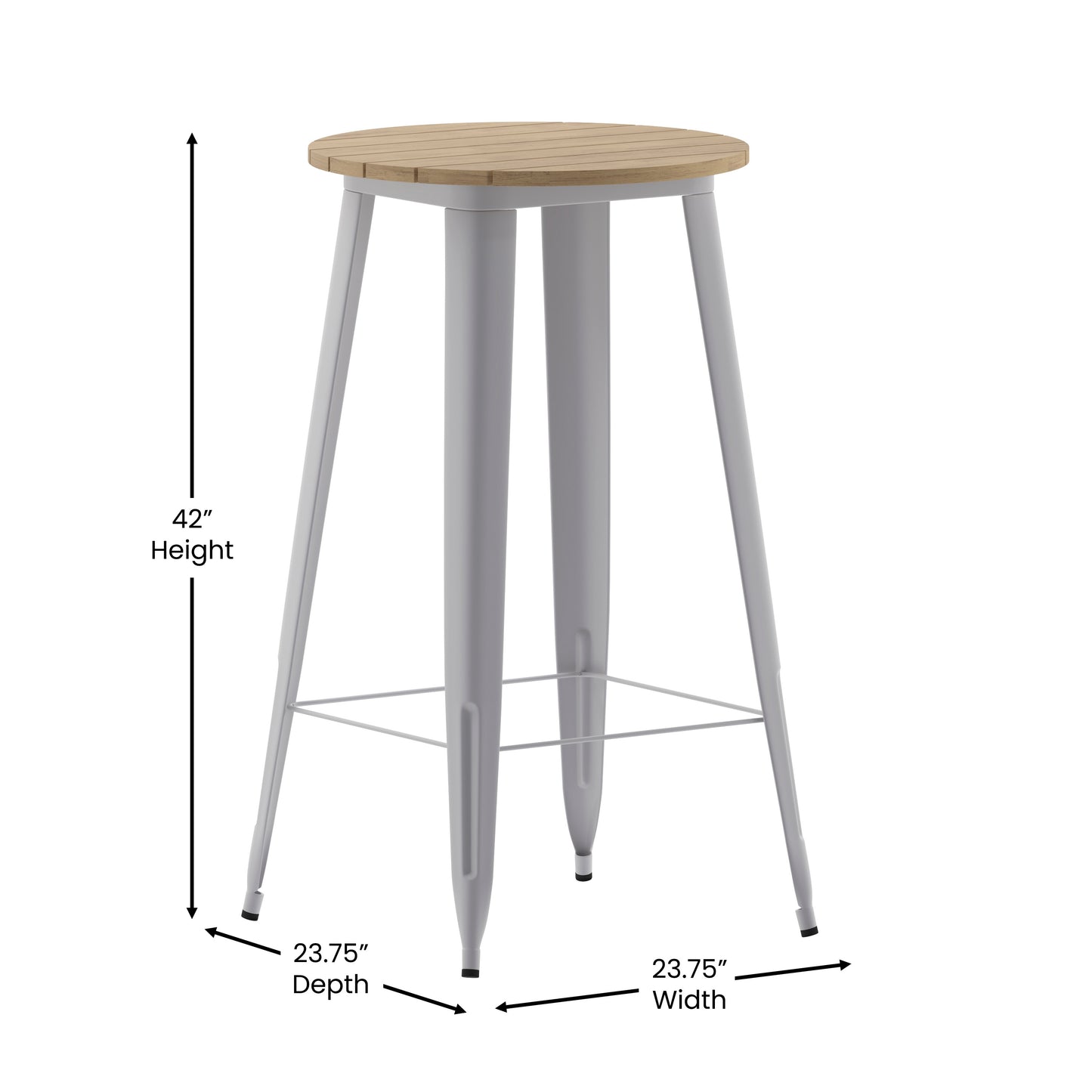 Declan Commercial Indoor/Outdoor Bar Top Table, 23.75" Round All Weather Brown Poly Resin Top with Silver Steel base Brown Top/Silver Frame