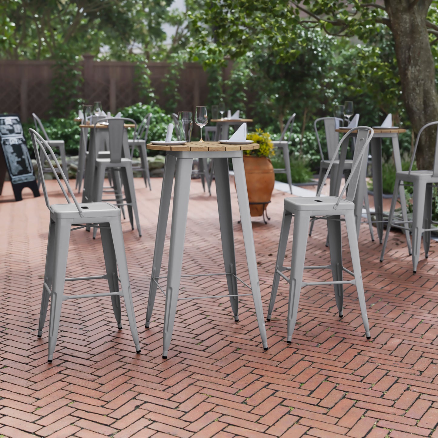 Declan Commercial Indoor/Outdoor Bar Top Table, 23.75" Round All Weather Brown Poly Resin Top with Silver Steel base Brown Top/Silver Frame