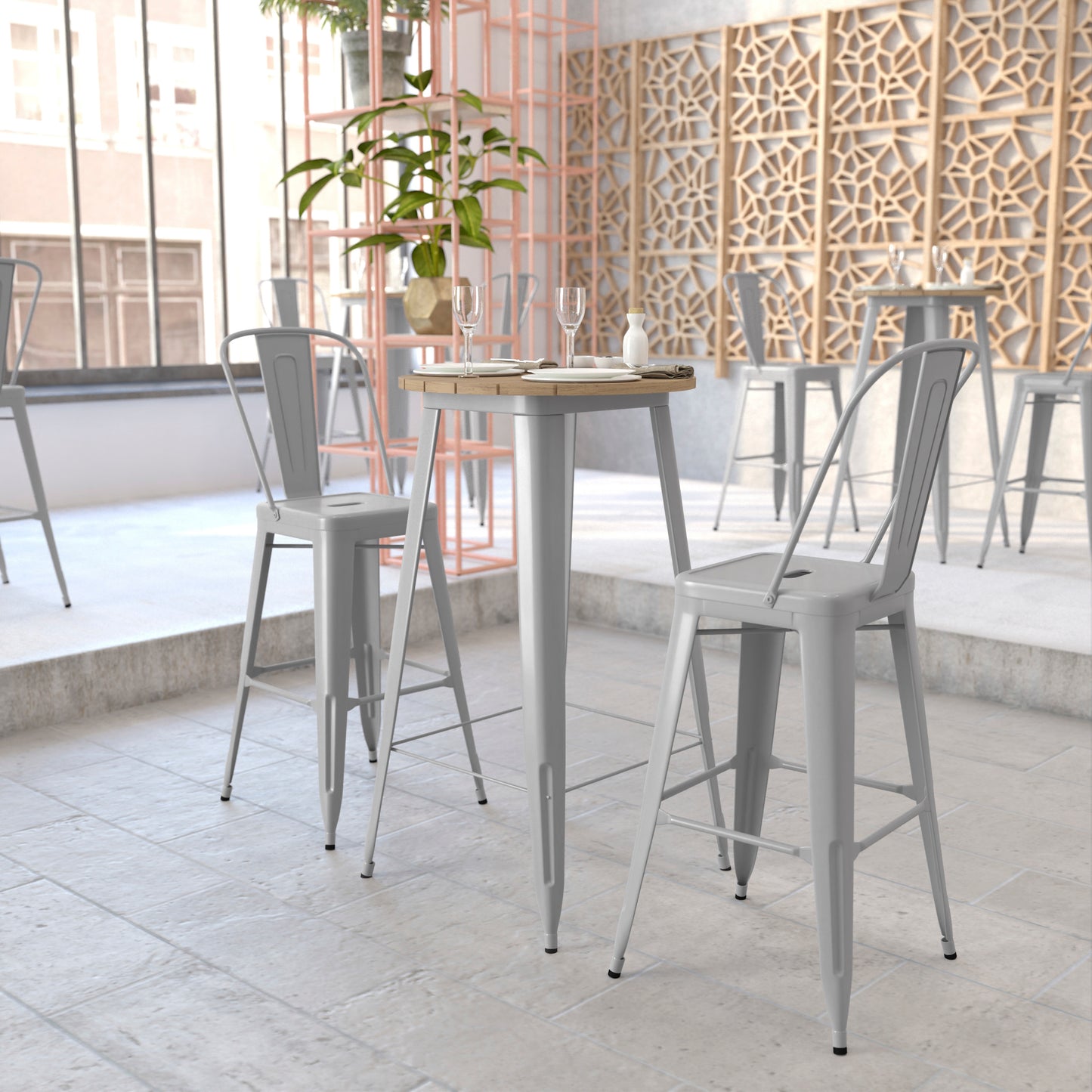 Declan Commercial Indoor/Outdoor Bar Top Table, 23.75" Round All Weather Brown Poly Resin Top with Silver Steel base Brown Top/Silver Frame