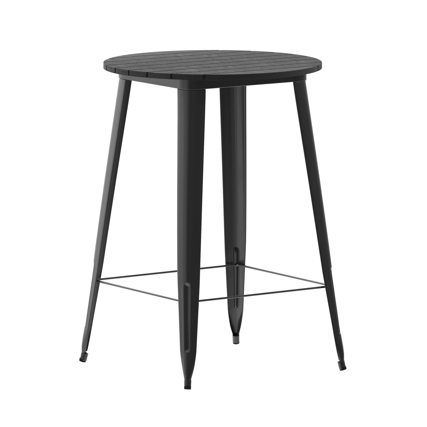 Declan Commercial Indoor/Outdoor Bar Top Table, 30" Round All Weather Black Poly Resin Top with Black Steel base Black Top/Black Frame