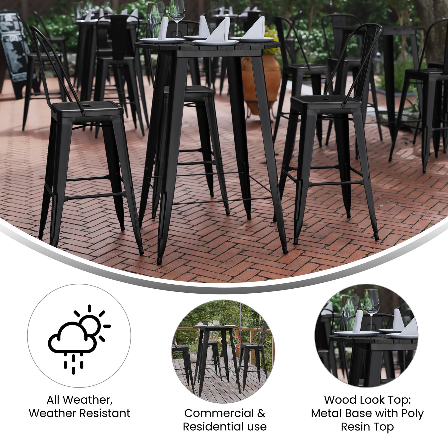 Declan Commercial Indoor/Outdoor Bar Top Table, 30" Round All Weather Black Poly Resin Top with Black Steel base Black Top/Black Frame