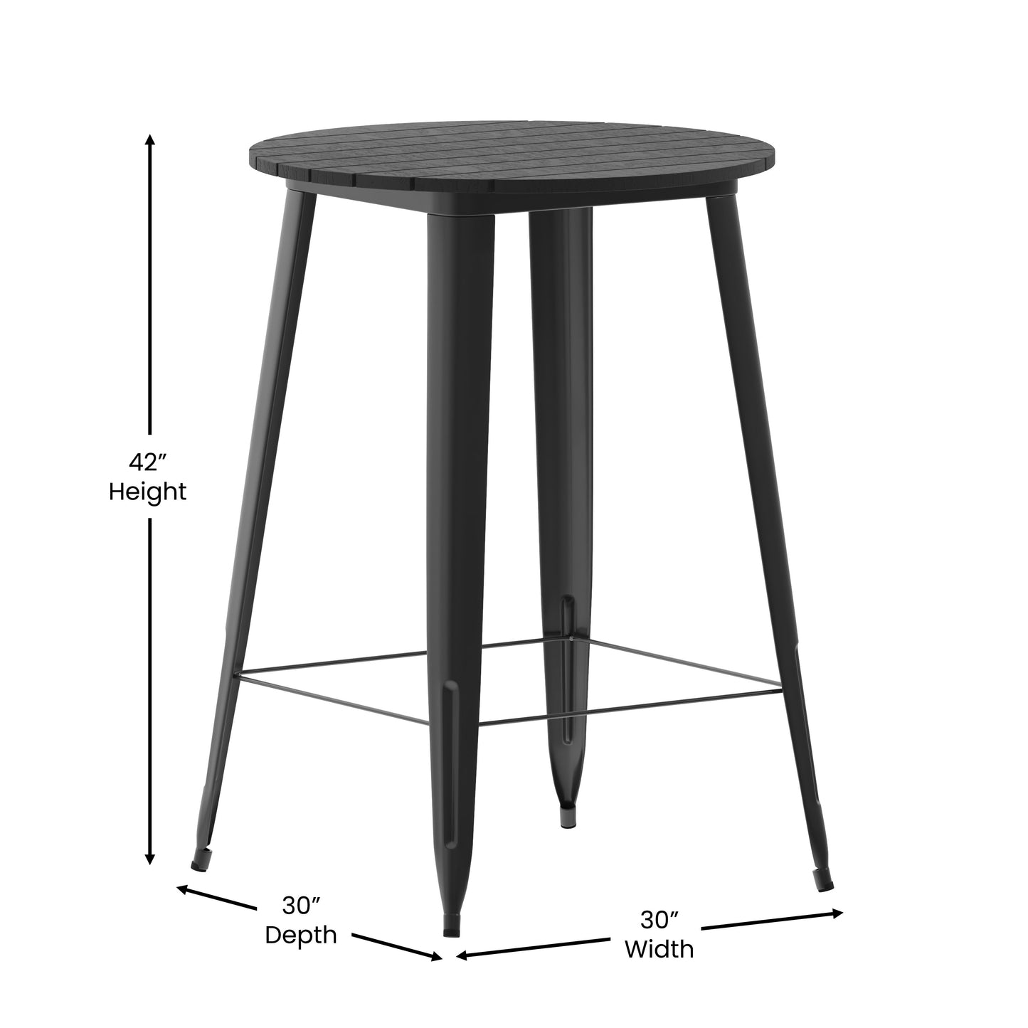 Declan Commercial Indoor/Outdoor Bar Top Table, 30" Round All Weather Black Poly Resin Top with Black Steel base Black Top/Black Frame