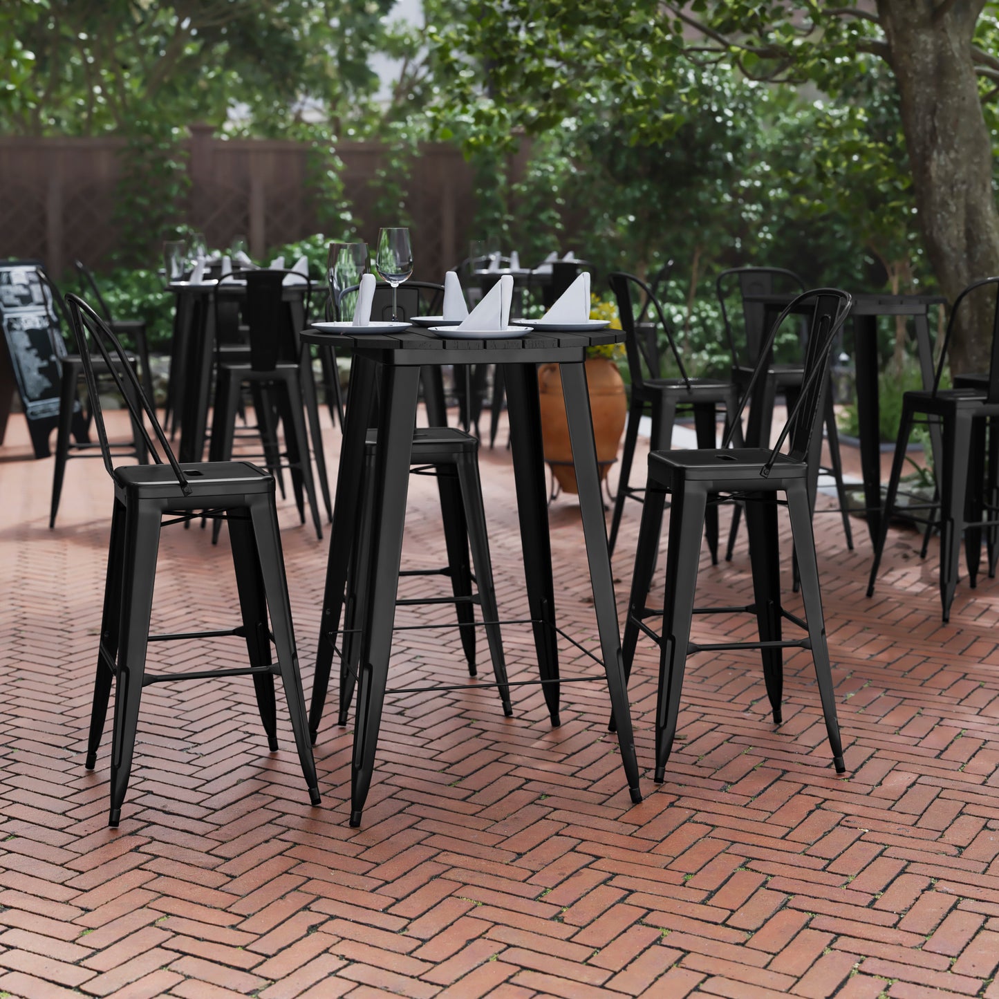 Declan Commercial Indoor/Outdoor Bar Top Table, 30" Round All Weather Black Poly Resin Top with Black Steel base Black Top/Black Frame