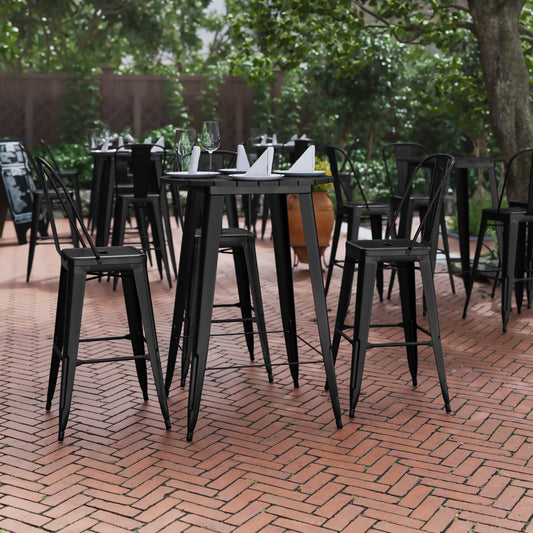 Declan Commercial Indoor/Outdoor Bar Top Table, 30" Round All Weather Black Poly Resin Top with Black Steel base Black Top/Black Frame