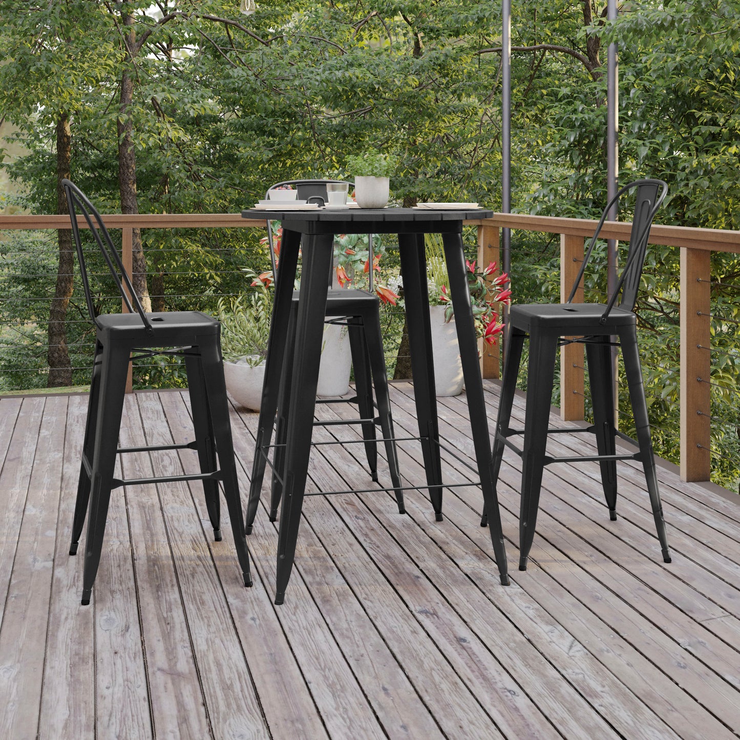 Declan Commercial Indoor/Outdoor Bar Top Table, 30" Round All Weather Black Poly Resin Top with Black Steel base Black Top/Black Frame