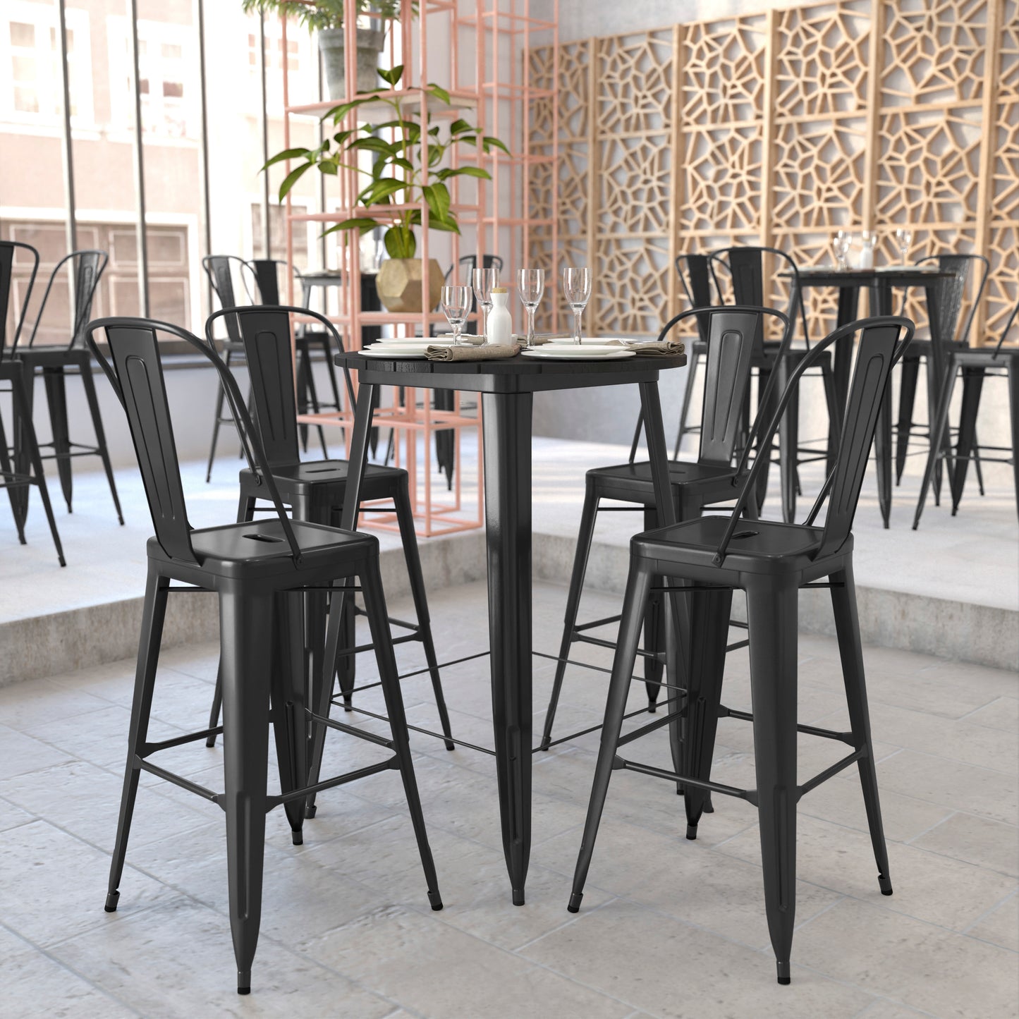 Declan Commercial Indoor/Outdoor Bar Top Table, 30" Round All Weather Black Poly Resin Top with Black Steel base Black Top/Black Frame