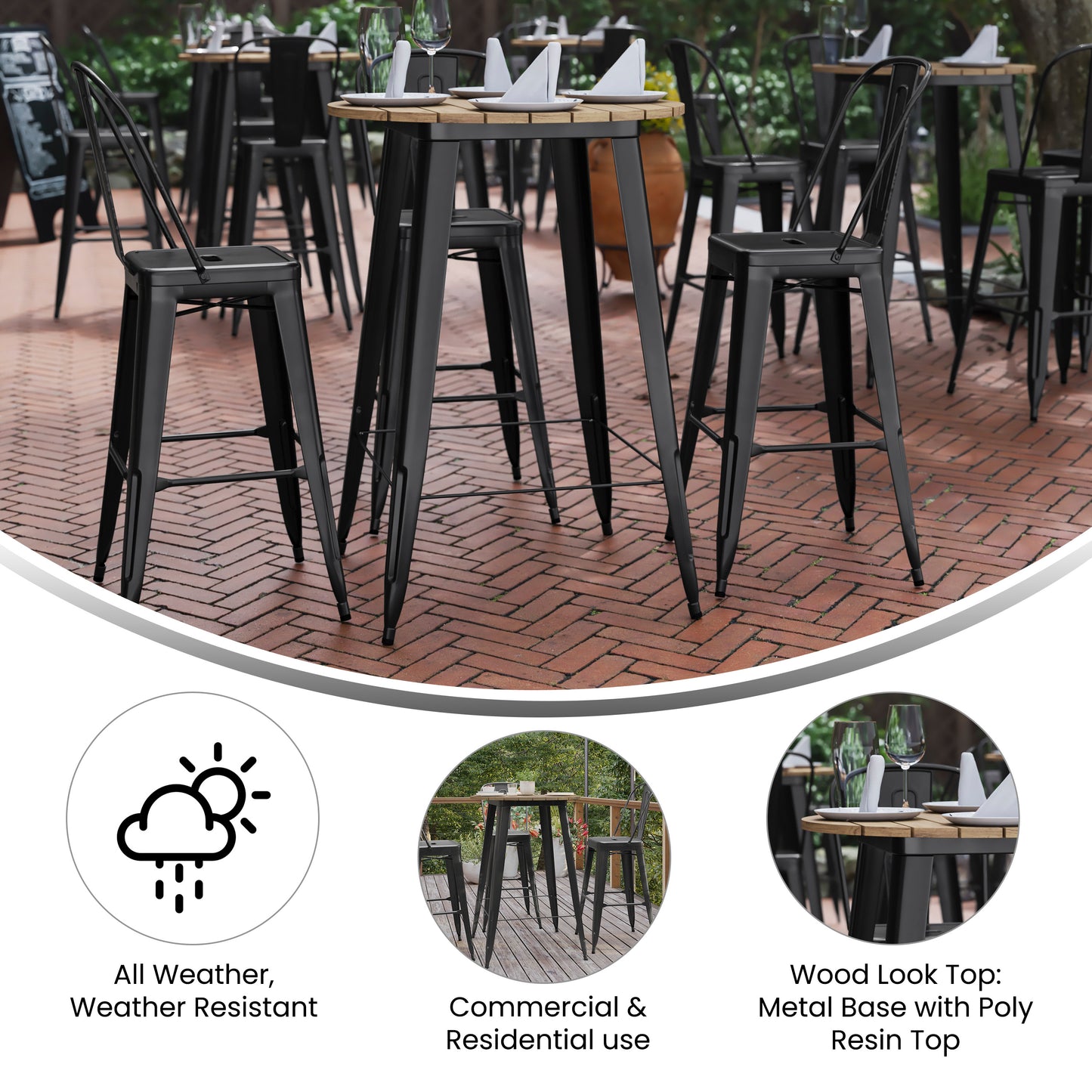 Declan Commercial Indoor/Outdoor Bar Top Table, 30" Round All Weather Brown Poly Resin Top with Black Steel base Brown Top/Black Frame