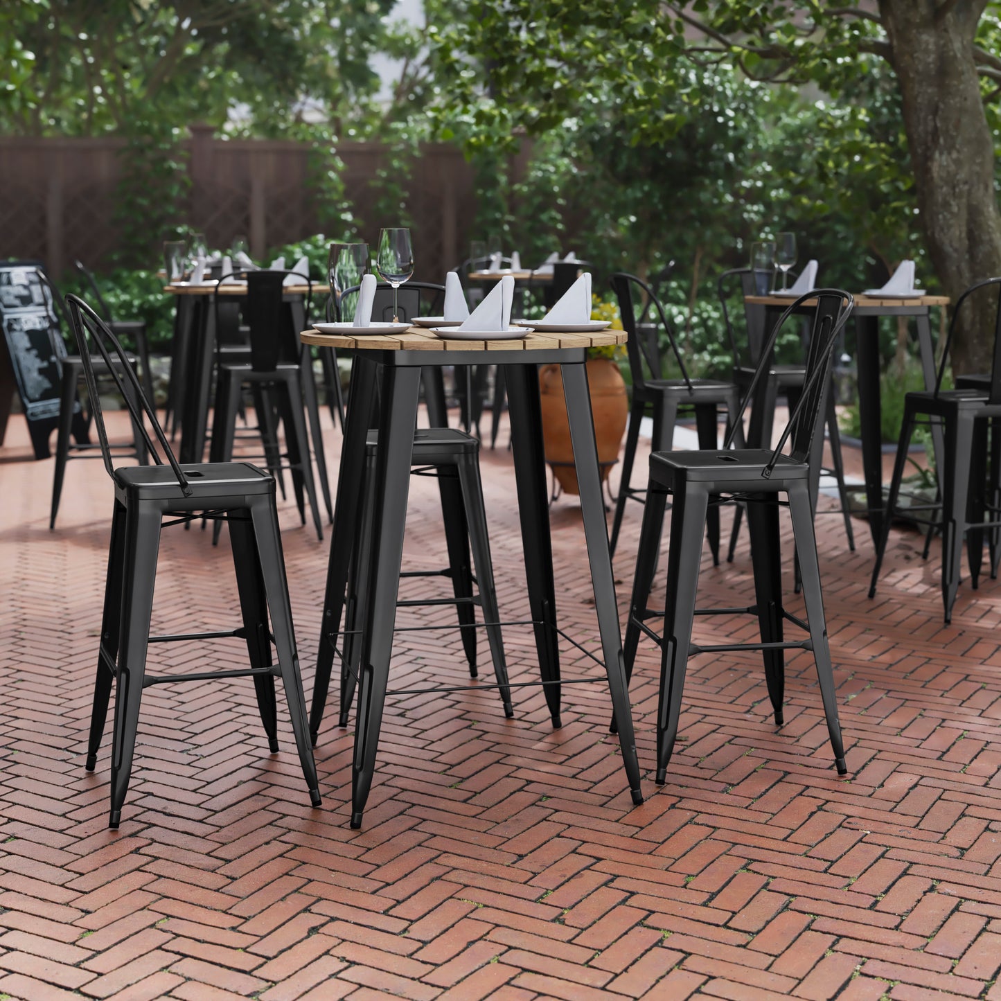 Declan Commercial Indoor/Outdoor Bar Top Table, 30" Round All Weather Brown Poly Resin Top with Black Steel base Brown Top/Black Frame