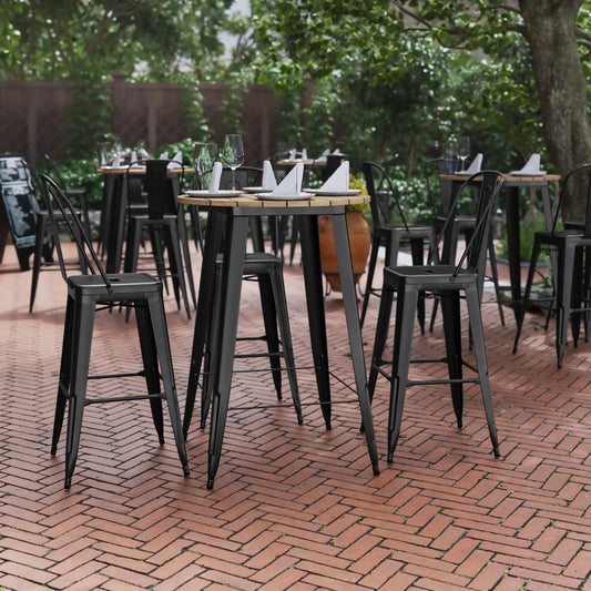 Declan Commercial Indoor/Outdoor Bar Top Table, 30" Round All Weather Brown Poly Resin Top with Black Steel base Brown Top/Black Frame