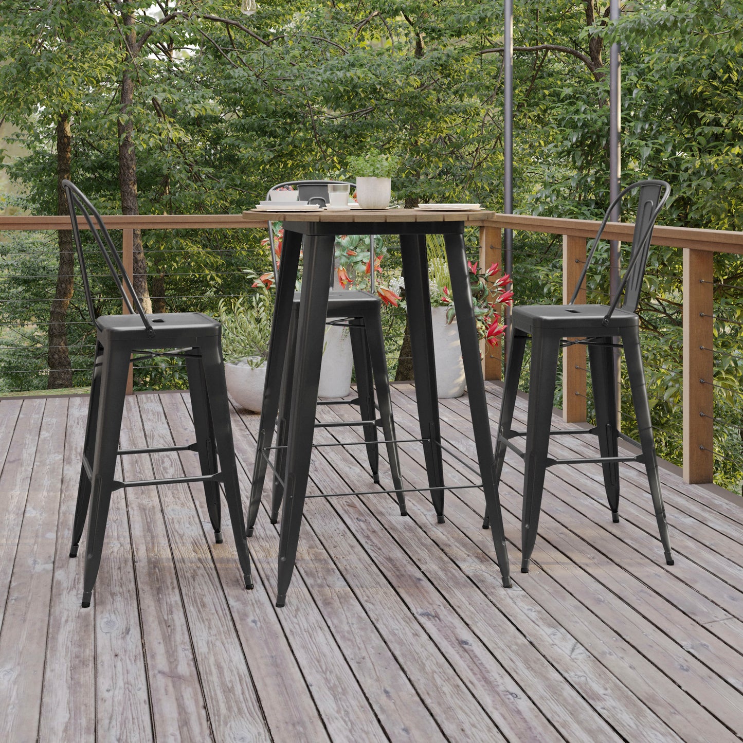 Declan Commercial Indoor/Outdoor Bar Top Table, 30" Round All Weather Brown Poly Resin Top with Black Steel base Brown Top/Black Frame
