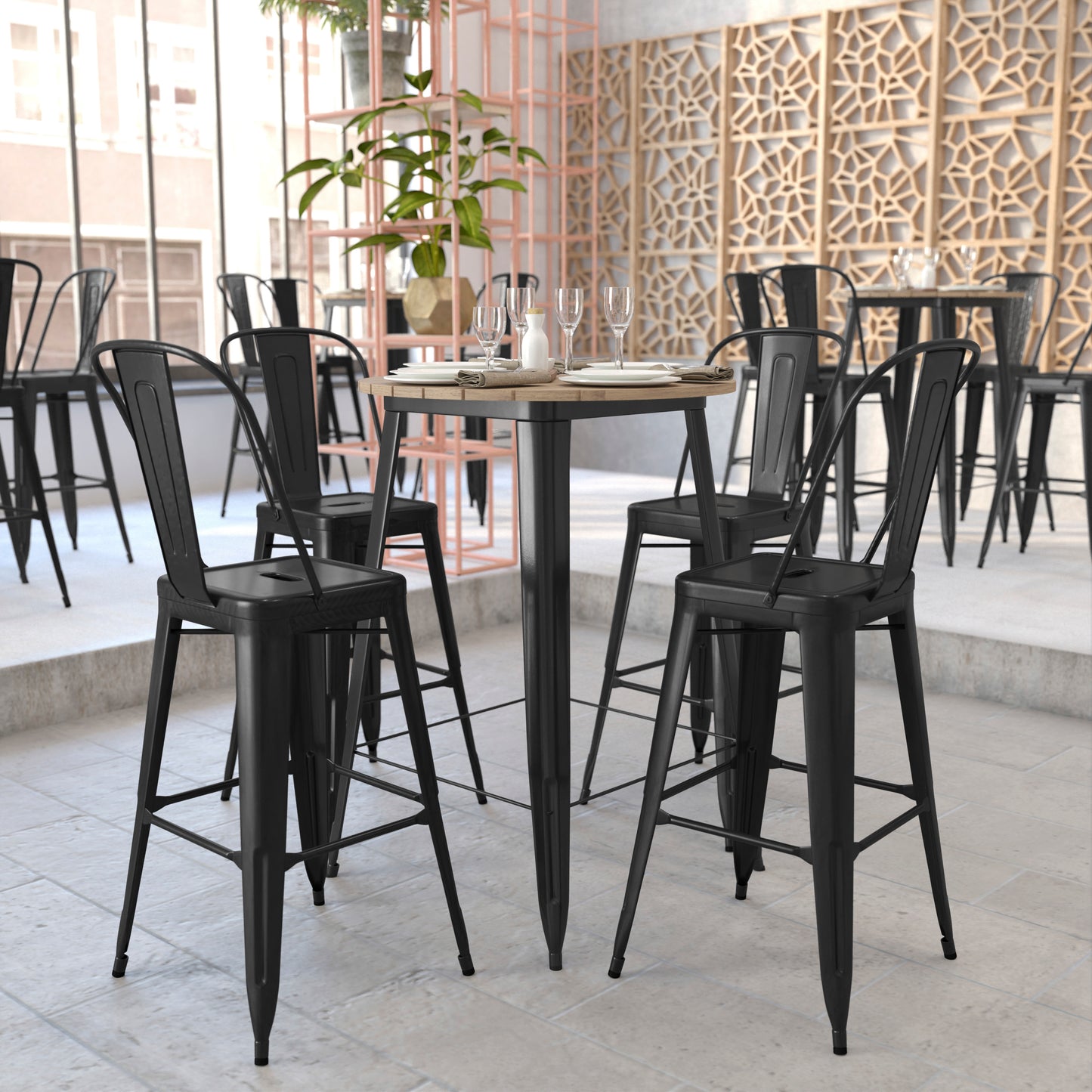 Declan Commercial Indoor/Outdoor Bar Top Table, 30" Round All Weather Brown Poly Resin Top with Black Steel base Brown Top/Black Frame