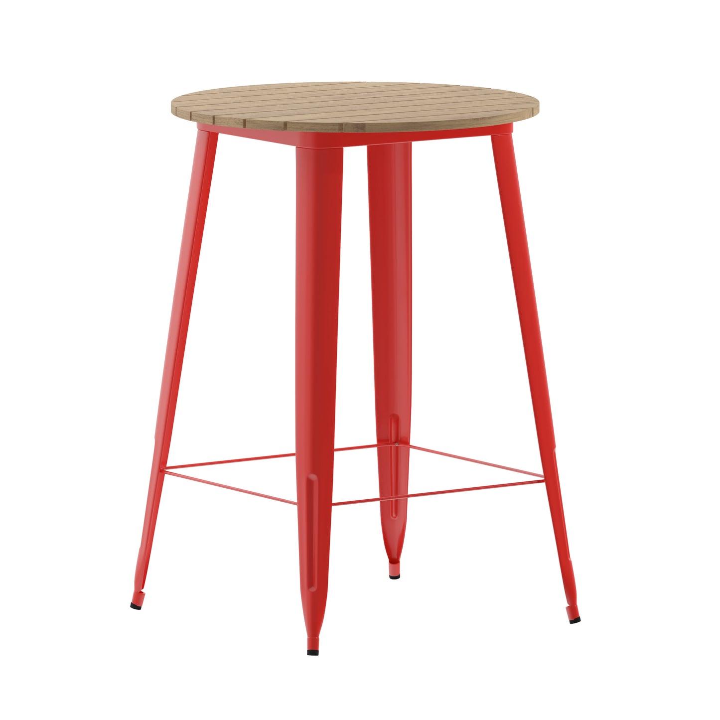 Declan Commercial Indoor/Outdoor Bar Top Table, 30" Round All Weather Brown Poly Resin Top with Red Steel base Brown Top/Red Frame