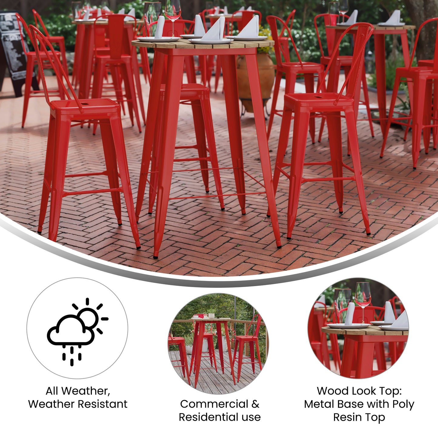 Declan Commercial Indoor/Outdoor Bar Top Table, 30" Round All Weather Brown Poly Resin Top with Red Steel base Brown Top/Red Frame