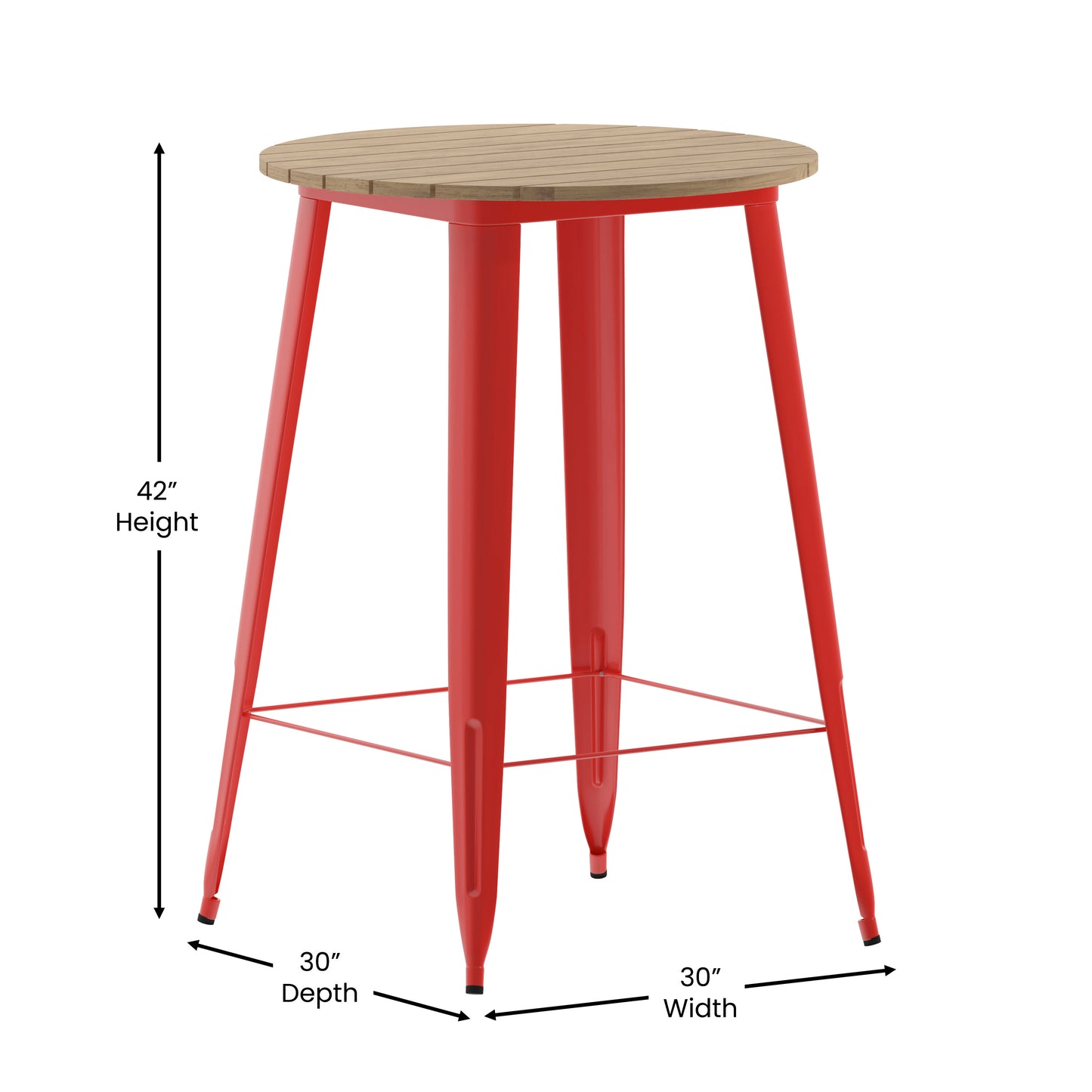 Declan Commercial Indoor/Outdoor Bar Top Table, 30" Round All Weather Brown Poly Resin Top with Red Steel base Brown Top/Red Frame