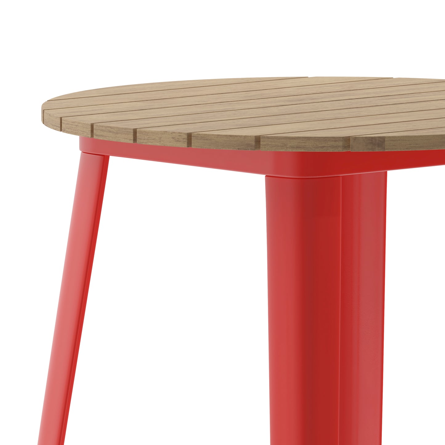 Declan Commercial Indoor/Outdoor Bar Top Table, 30" Round All Weather Brown Poly Resin Top with Red Steel base Brown Top/Red Frame