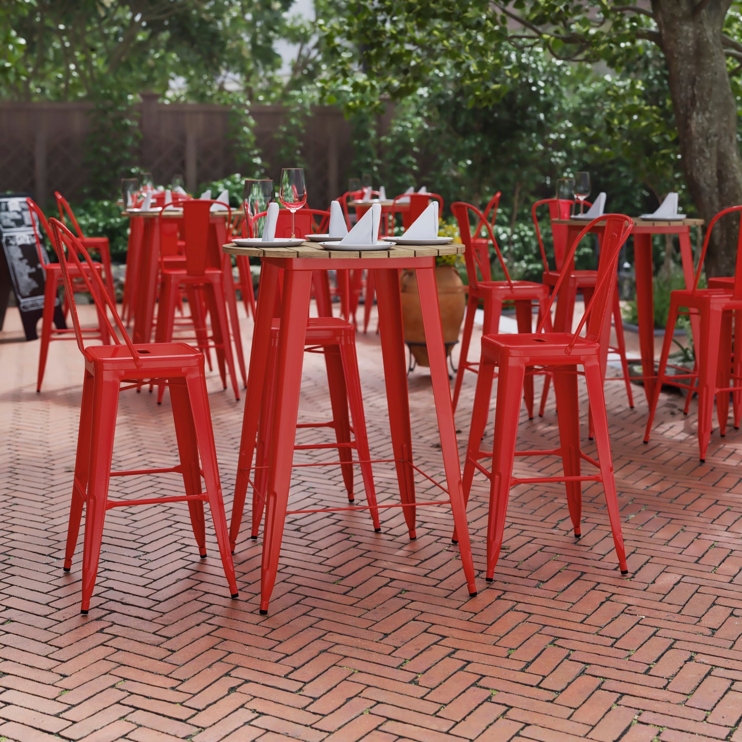 Declan Commercial Indoor/Outdoor Bar Top Table, 30" Round All Weather Brown Poly Resin Top with Red Steel base Brown Top/Red Frame