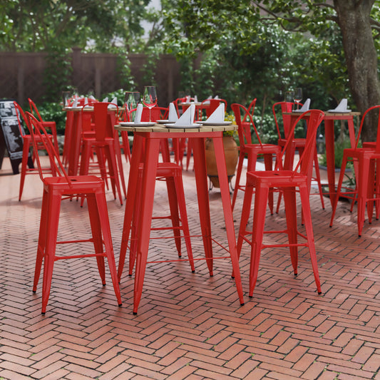 Declan Commercial Indoor/Outdoor Bar Top Table, 30" Round All Weather Brown Poly Resin Top with Red Steel base Brown Top/Red Frame
