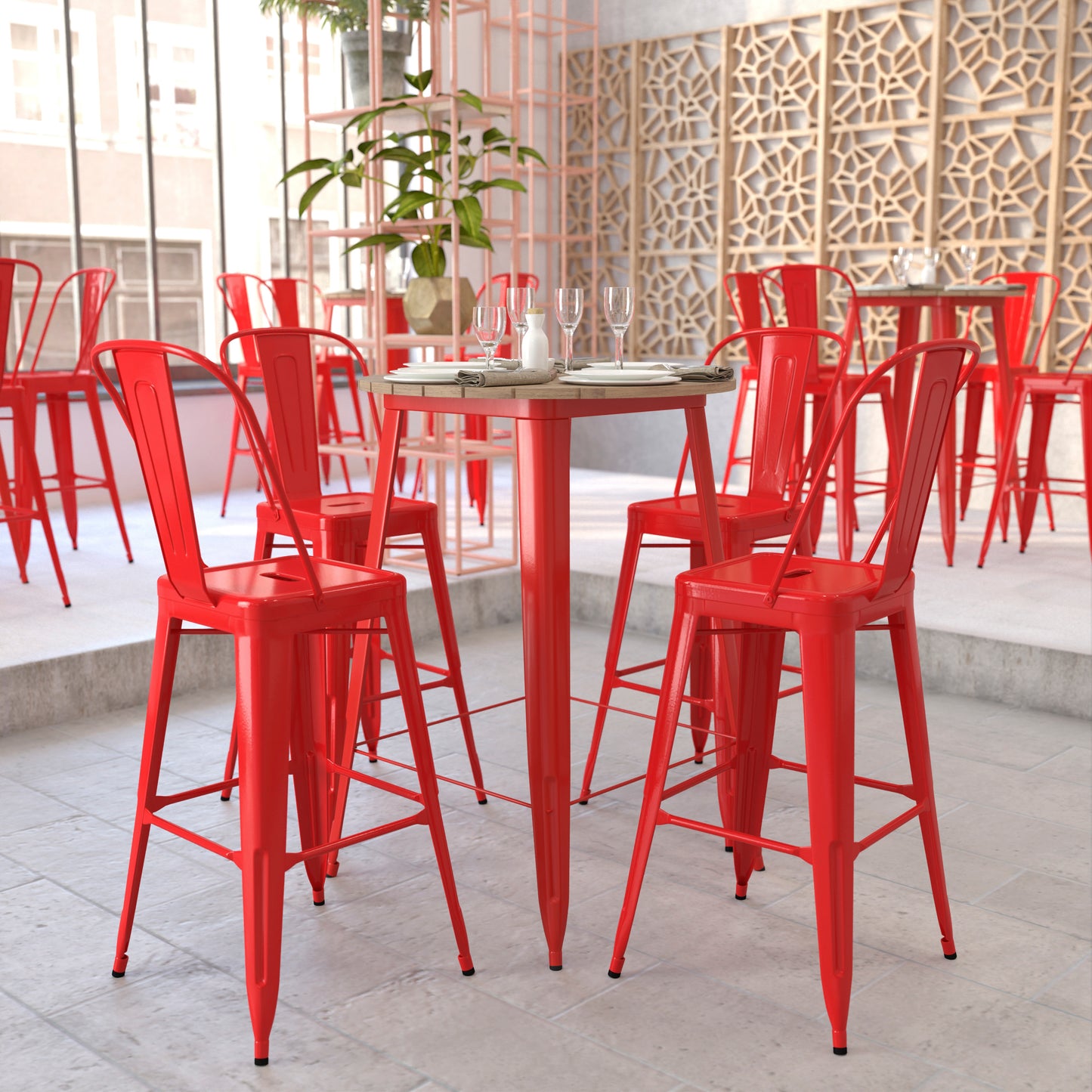 Declan Commercial Indoor/Outdoor Bar Top Table, 30" Round All Weather Brown Poly Resin Top with Red Steel base Brown Top/Red Frame