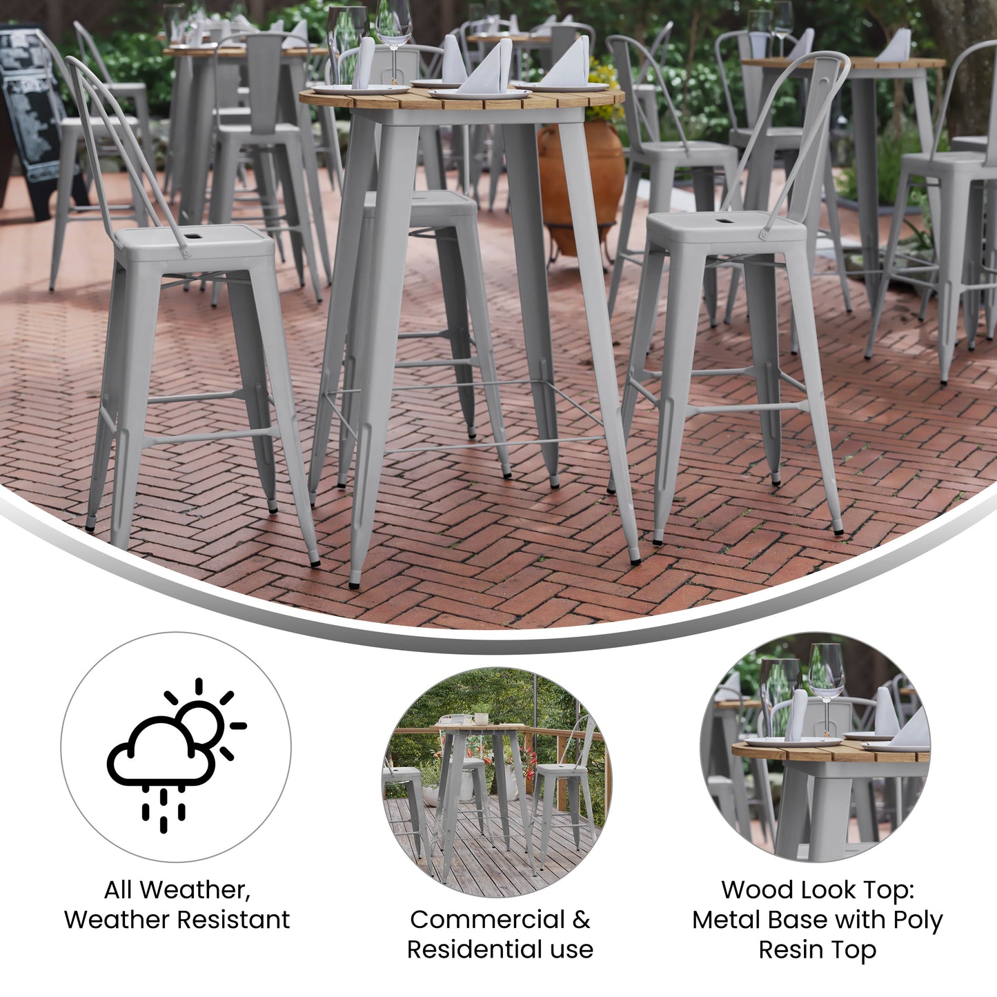 Declan Commercial Indoor/Outdoor Bar Top Table, 30" Round All Weather Brown Poly Resin Top with Silver Steel base Brown Top/Silver Frame